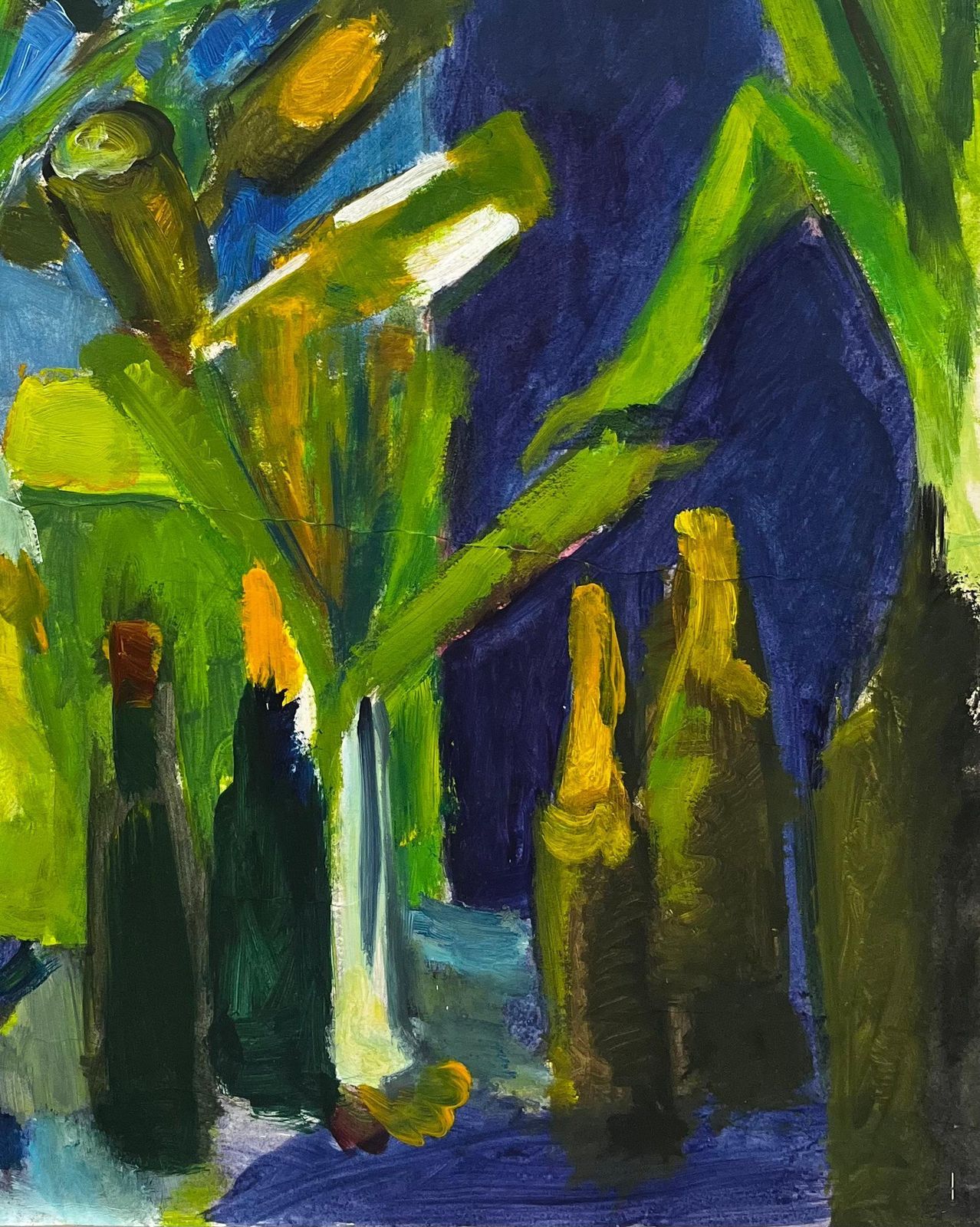 Guy Nicod Still Life With Green Bottles Leeks And Blue Interior Modernist Gouache photo 560.0