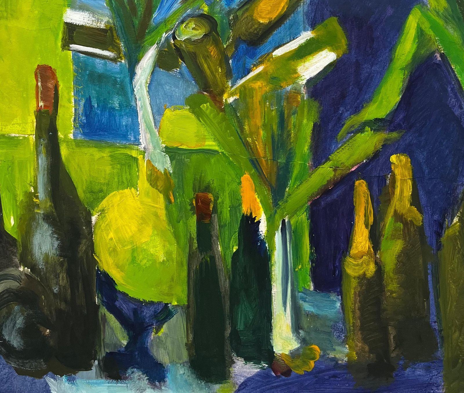 Guy Nicod Still Life With Green Bottles Leeks And Blue Interior Modernist Gouache photo vintage