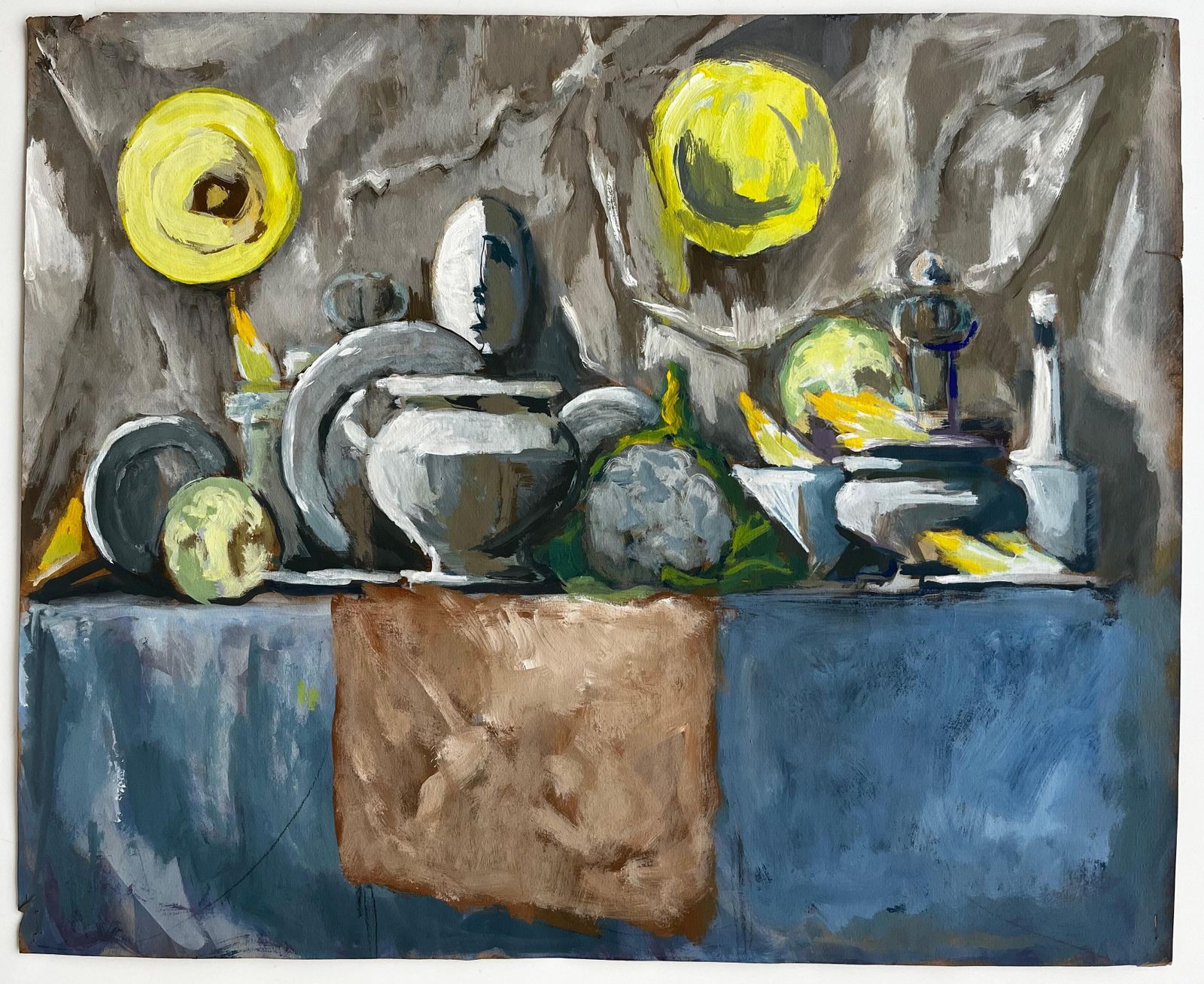 Guy Nicod Abstract Still Life With Plates Bowls And Kitchen Utensils Modernist Gouache photo furniture