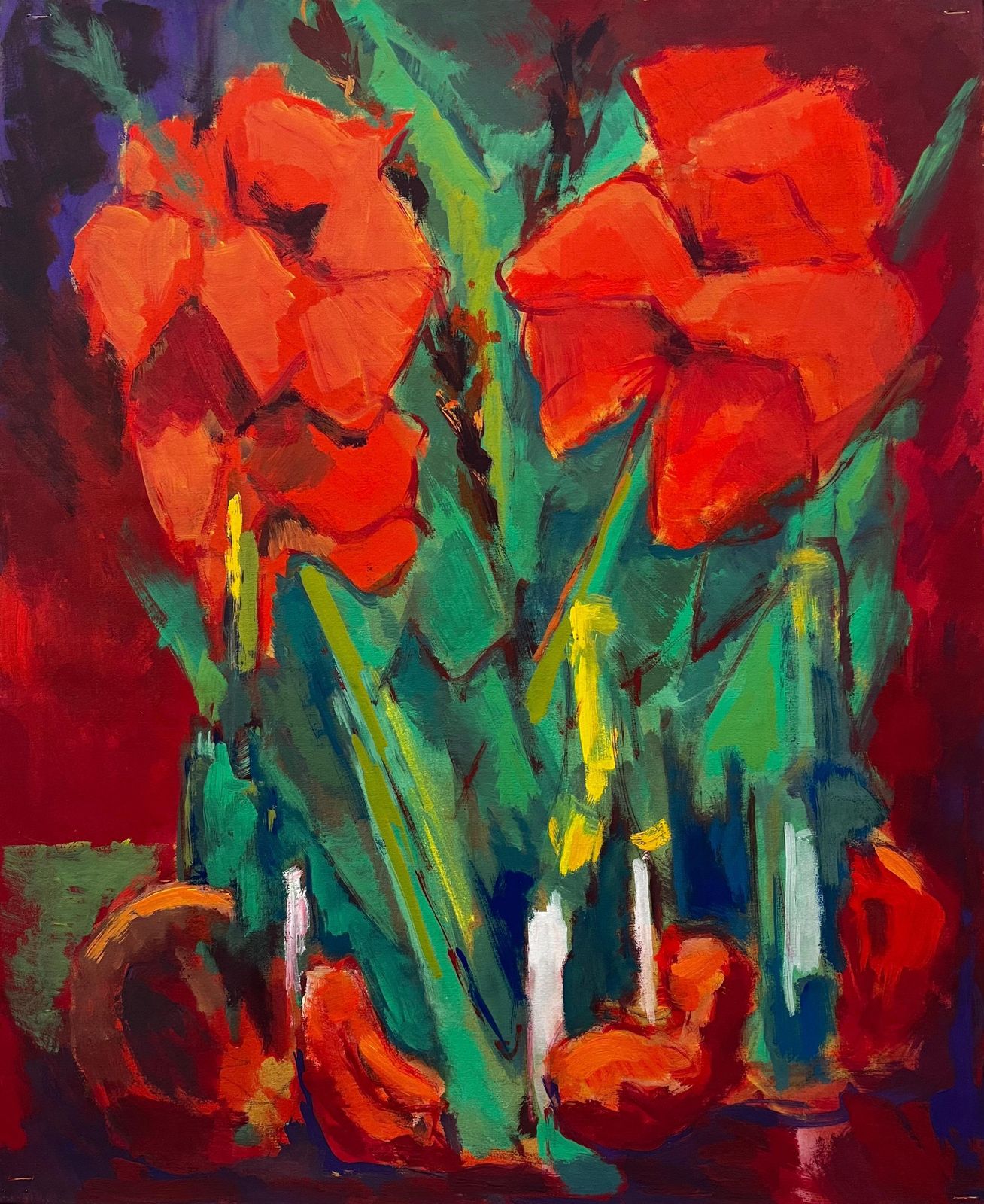 Guy Nicod Abstract Red Flowers With Bottles And Fruit French Modernist Gouache