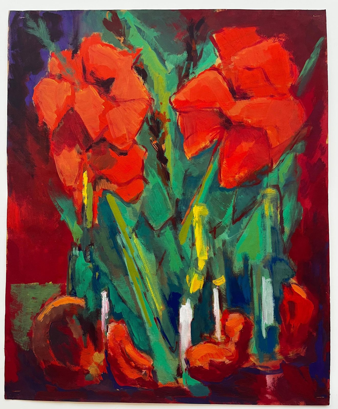 Guy Nicod Abstract Red Flowers With Bottles And Fruit French Modernist Gouache photo furniture