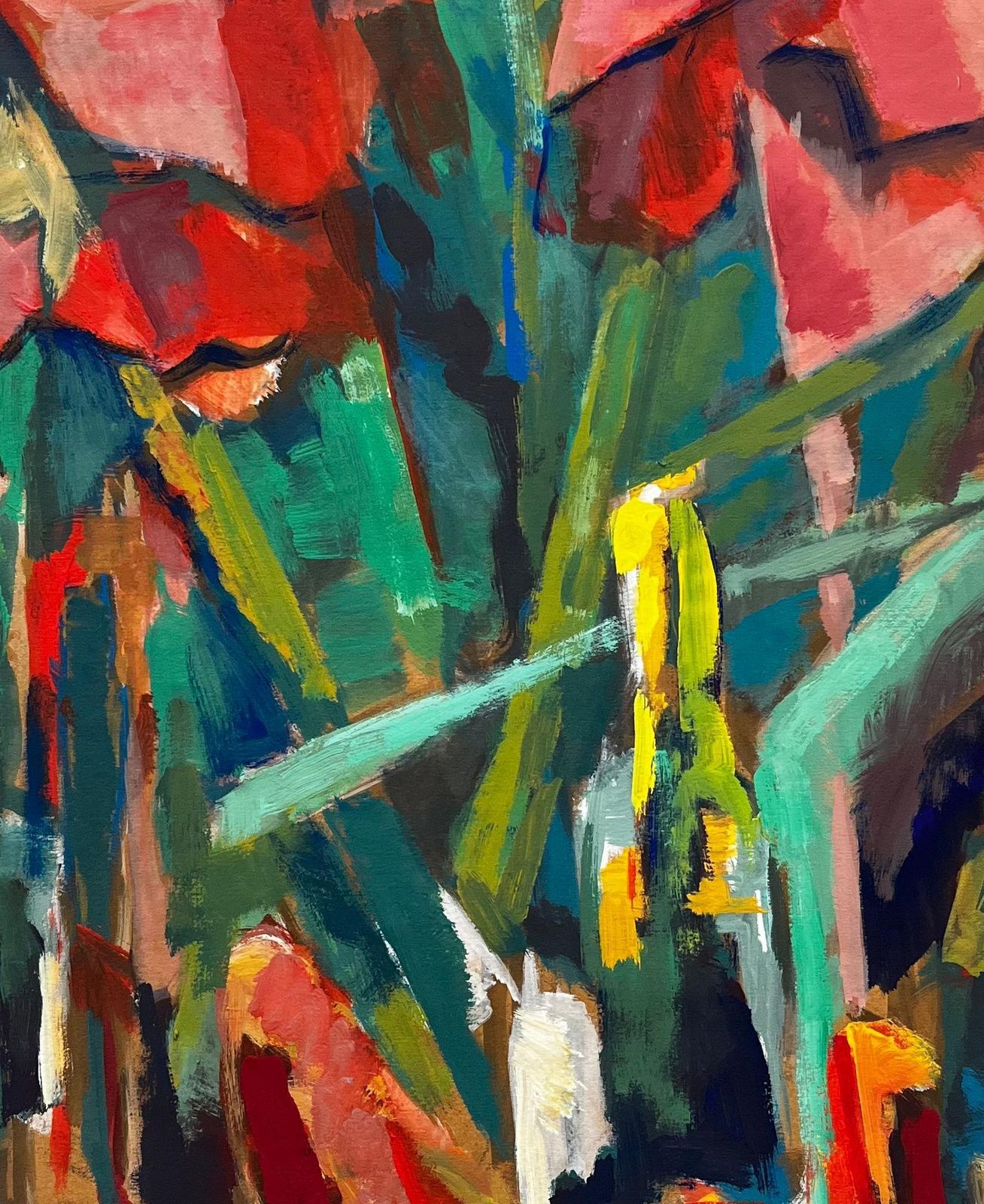 Guy Nicod Abstract Red Flowers And Bottles Still Life French Modernist Gouache photo buy