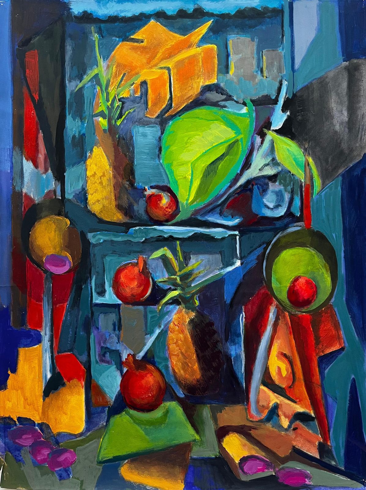Guy Nicod Pineapple Pomegranates Fruit Display With Leaves Shelves Modernist Still Life