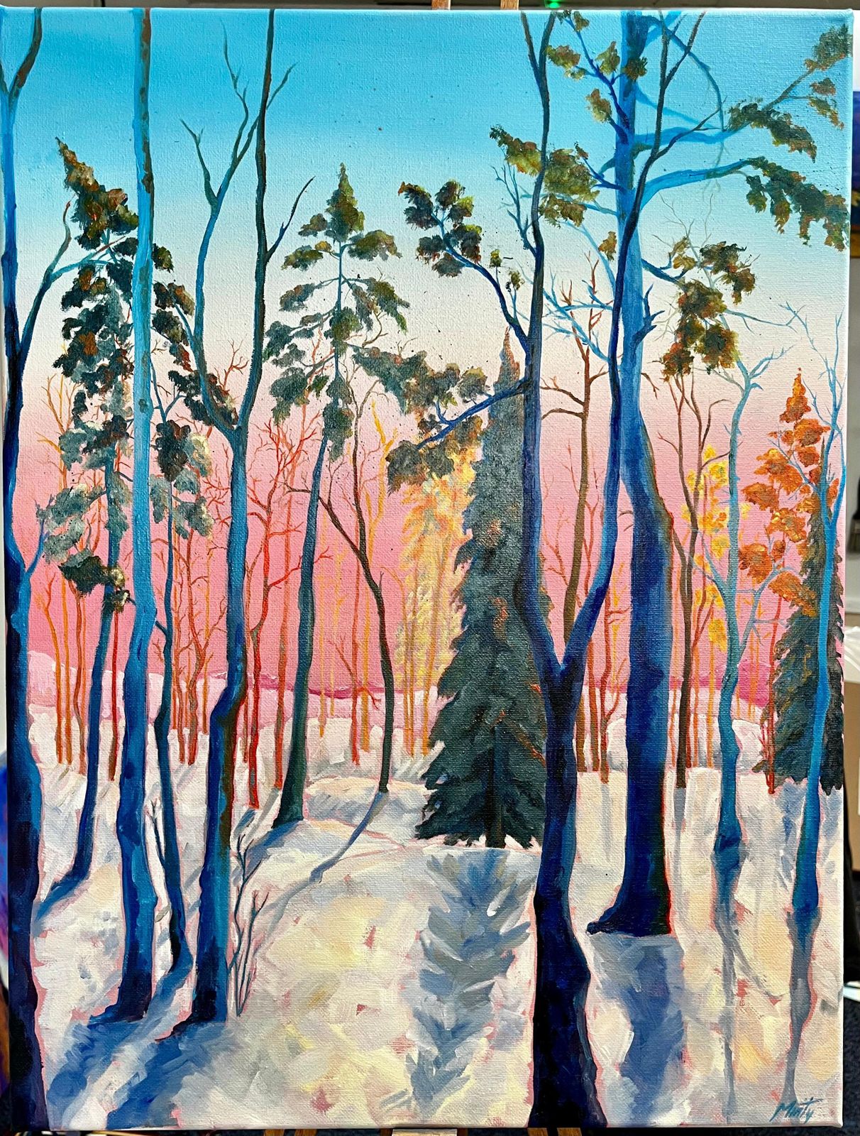 Minty Ramseykuusamo Finland Winter Forest Sunset Landscape Original Contemporary Oil2024 photo furniture