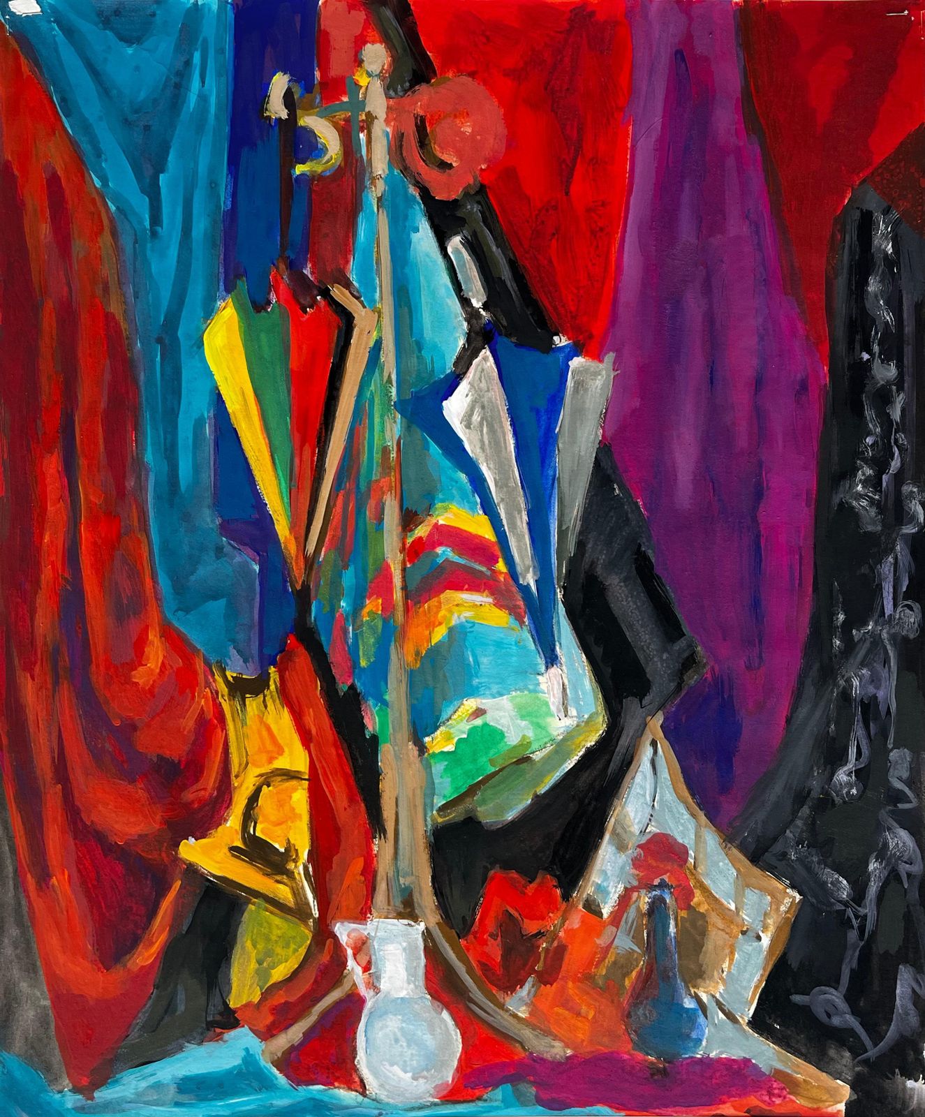 Guy Nicod Hat Stand With Colourful Umbrellas Draped Fabrics And Jugs Modernist Still Life