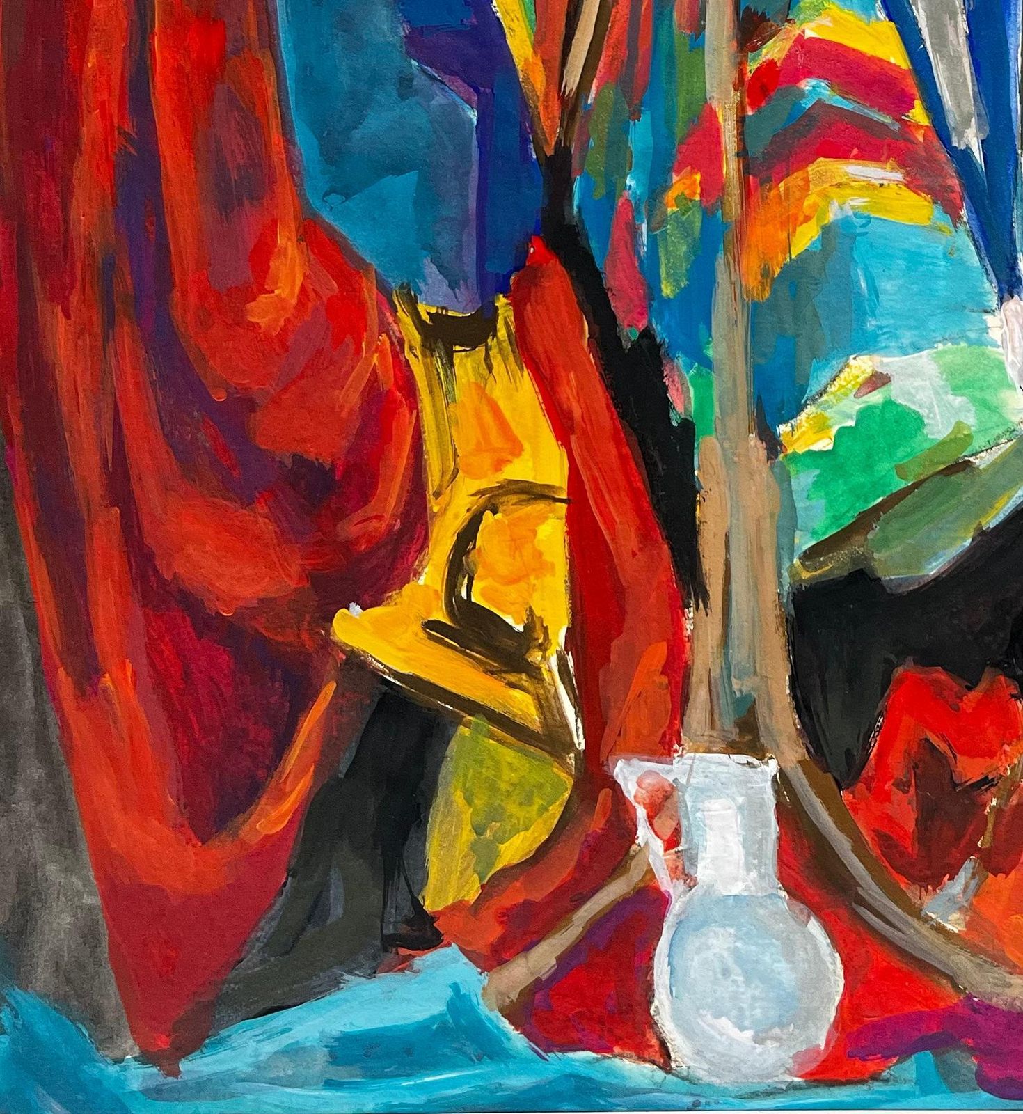 Guy Nicod Hat Stand With Colourful Umbrellas Draped Fabrics And Jugs Modernist Still Life photo vinterior