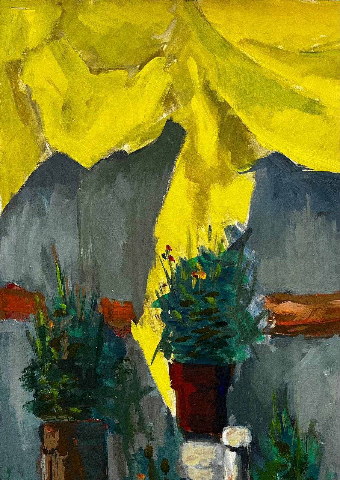 Guy Nicod Yellow Draped Cloth Grey Bottles And Potted Plants French Modernist Still Life photo 637.0