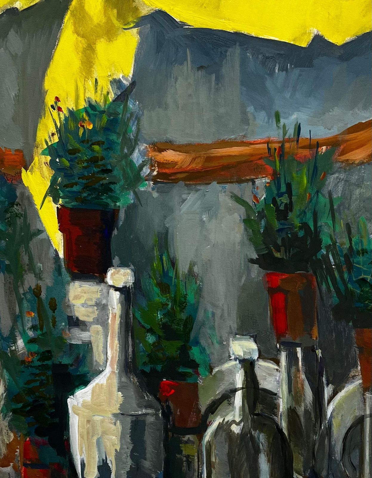 Guy Nicod Yellow Draped Cloth Grey Bottles And Potted Plants French Modernist Still Life photo buy
