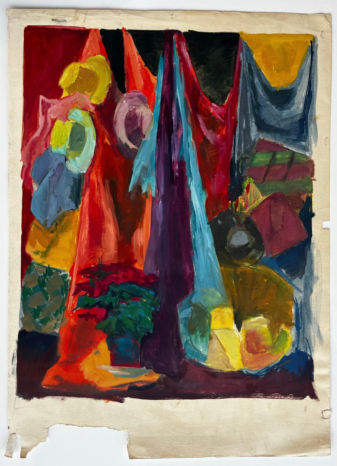 Guy Nicod Colourful Draped Fabrics Hanging Hats And Red Flower Pot Modernist Still Life photo furniture