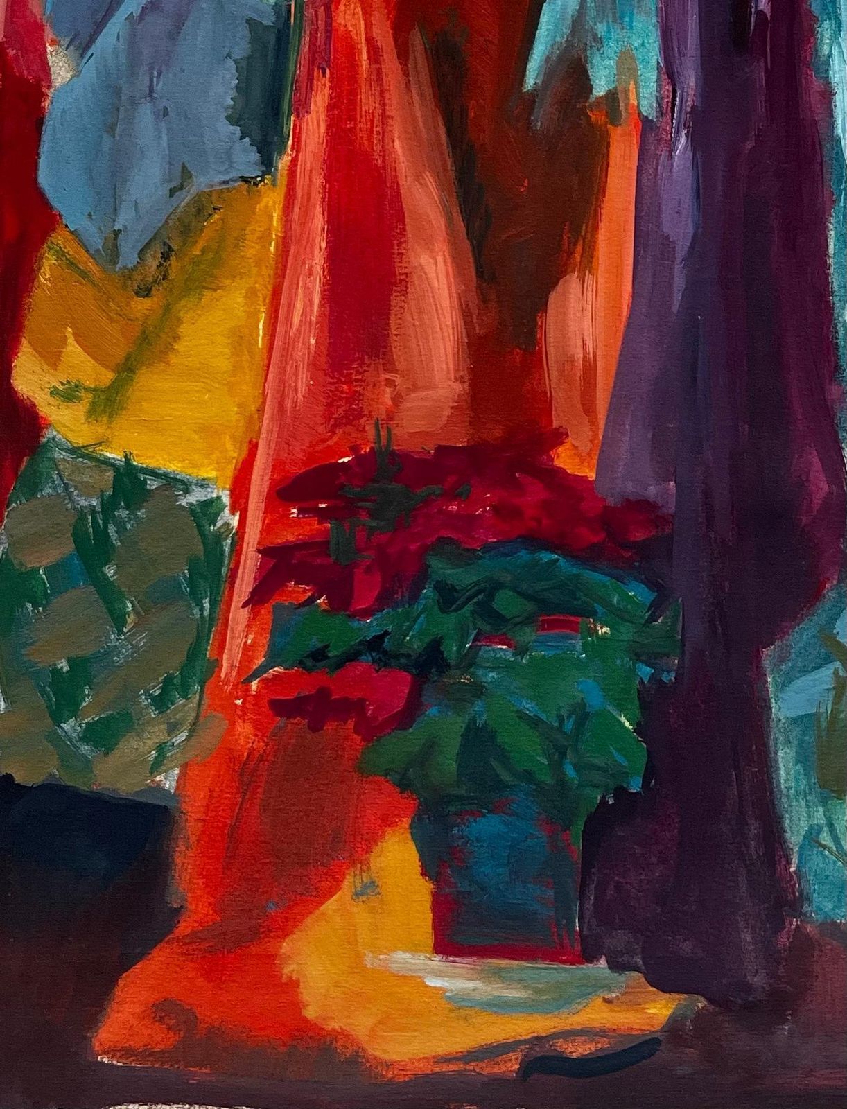 Guy Nicod Colourful Draped Fabrics Hanging Hats And Red Flower Pot Modernist Still Life photo vinterior