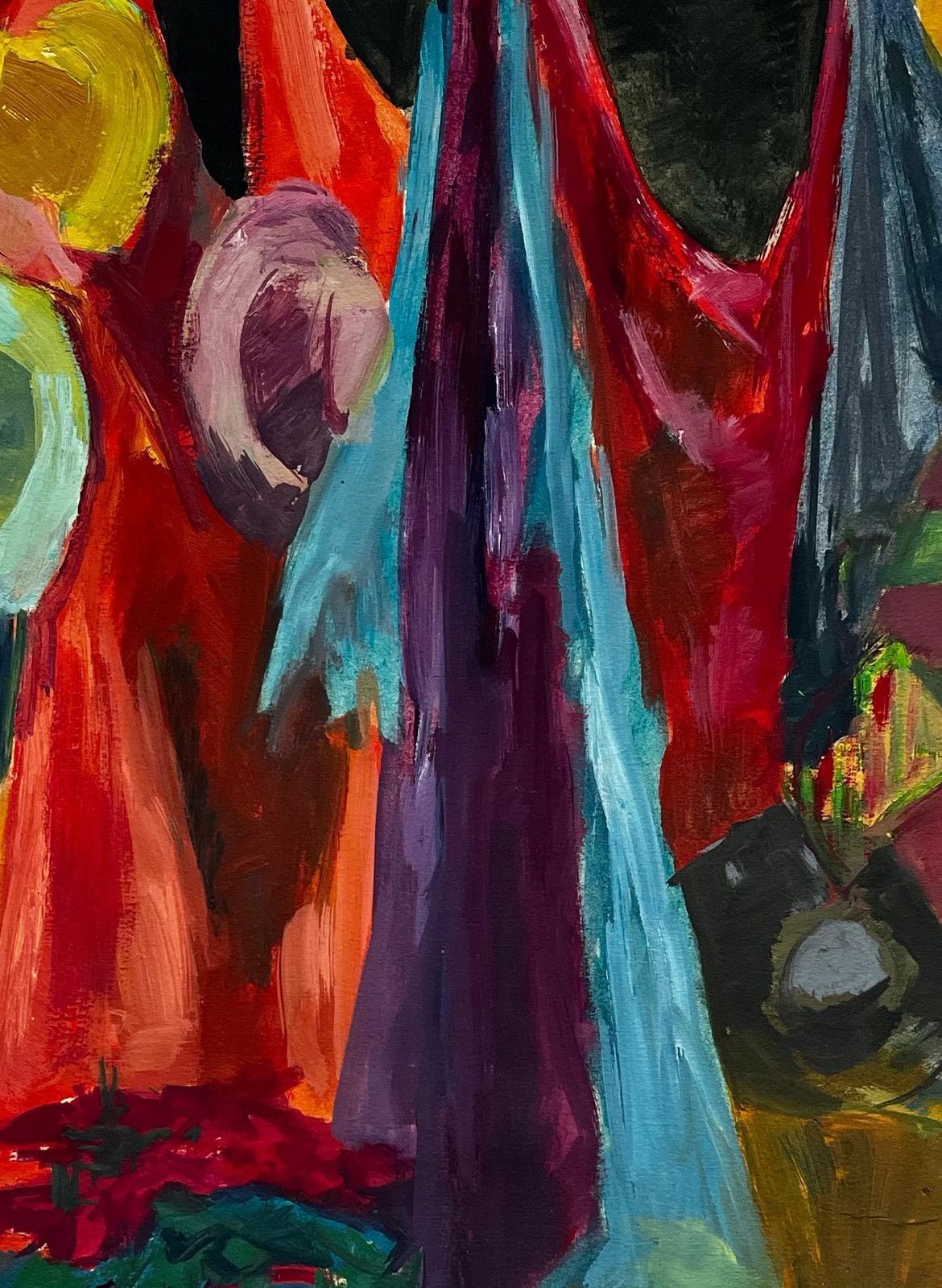Guy Nicod Colourful Draped Fabrics Hanging Hats And Red Flower Pot Modernist Still Life photo buy