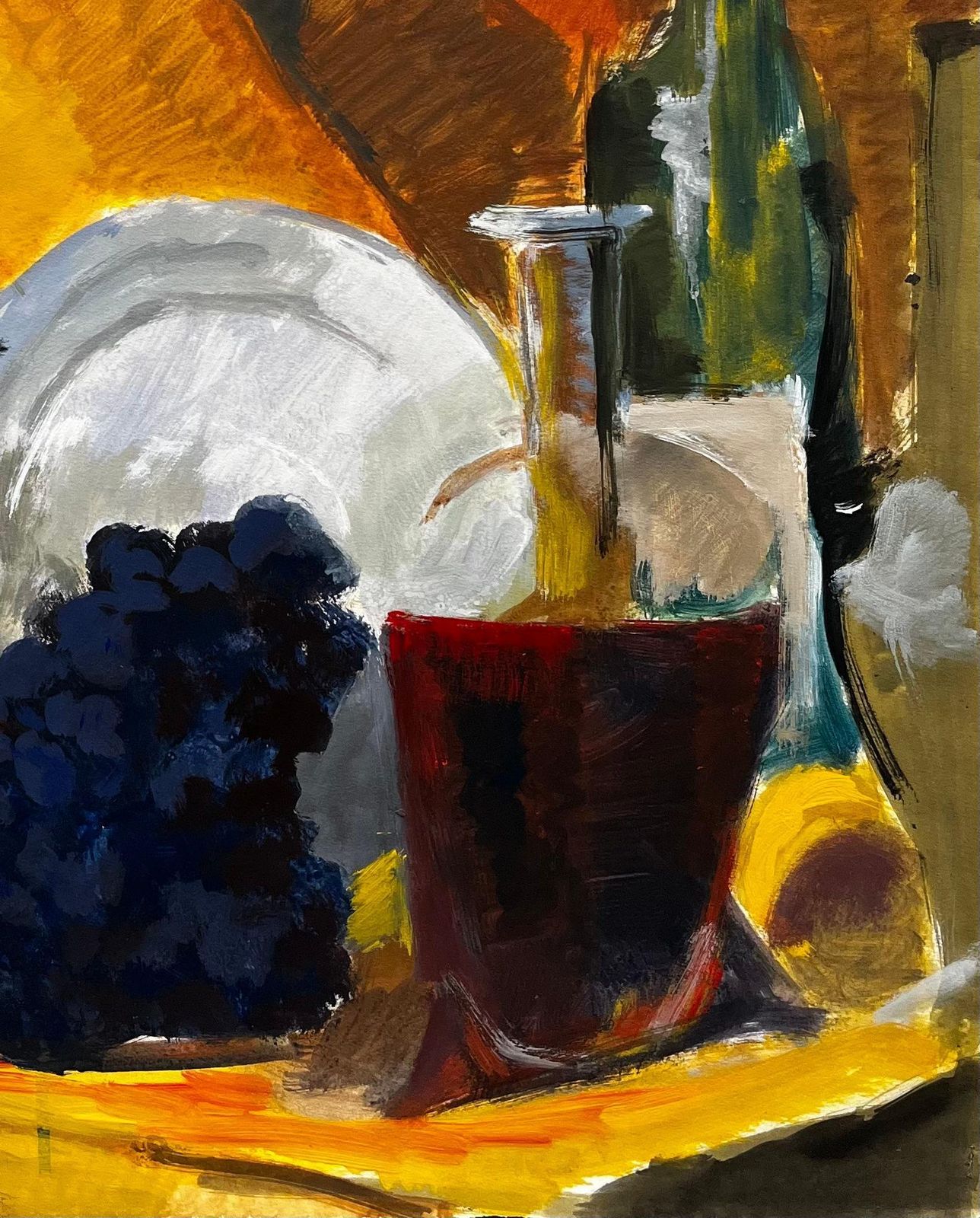 Guy Nicodgrapes Wine Bottles Jug And Plate Golden Drapery French Modernist Still Life photo for sale