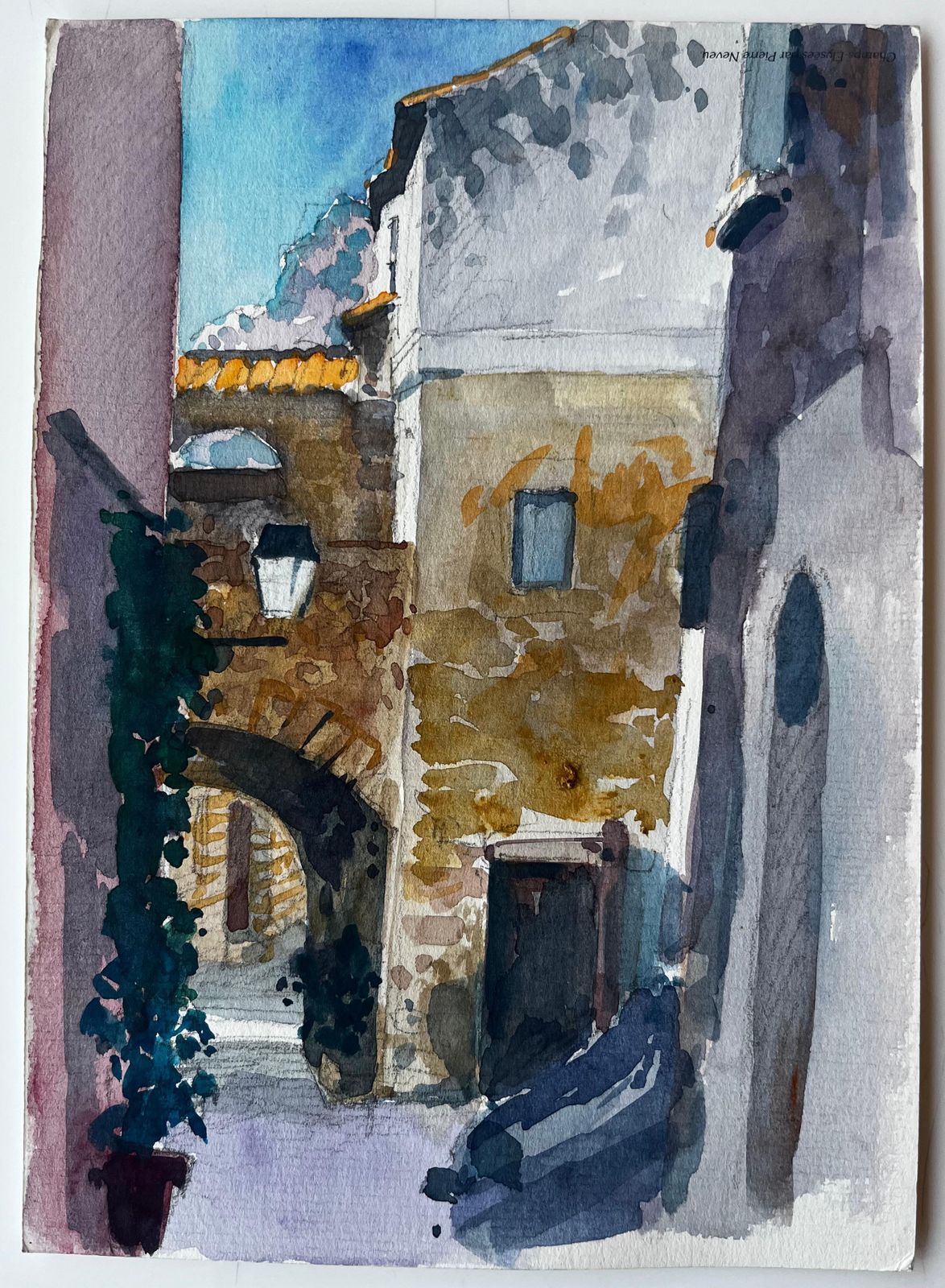 Pierre Neveumediterranean Archway Alley Sunlit Stone Buildings Watercolor photo furniture