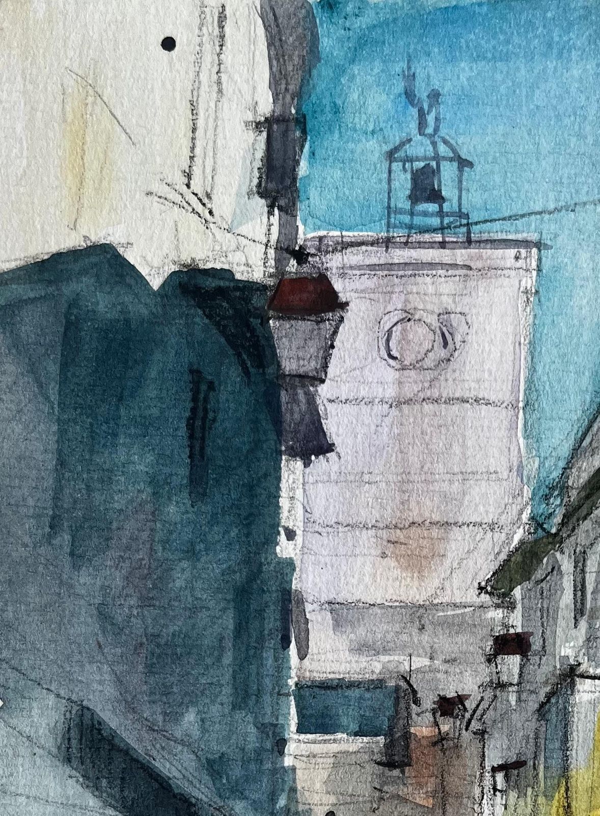 Pierre Neveucrowded Market Street Clock Tower Mediterranean City Watercolor photo for sale