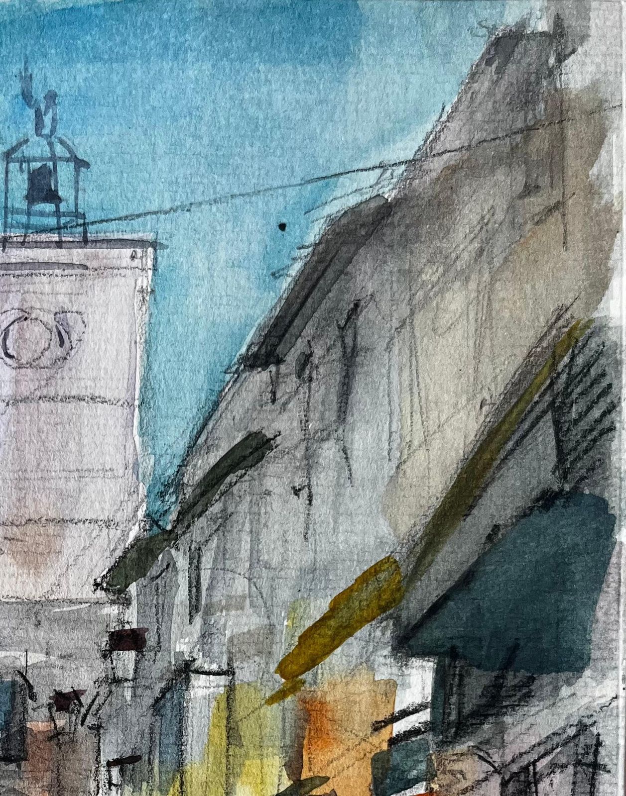 Pierre Neveucrowded Market Street Clock Tower Mediterranean City Watercolor photo Art