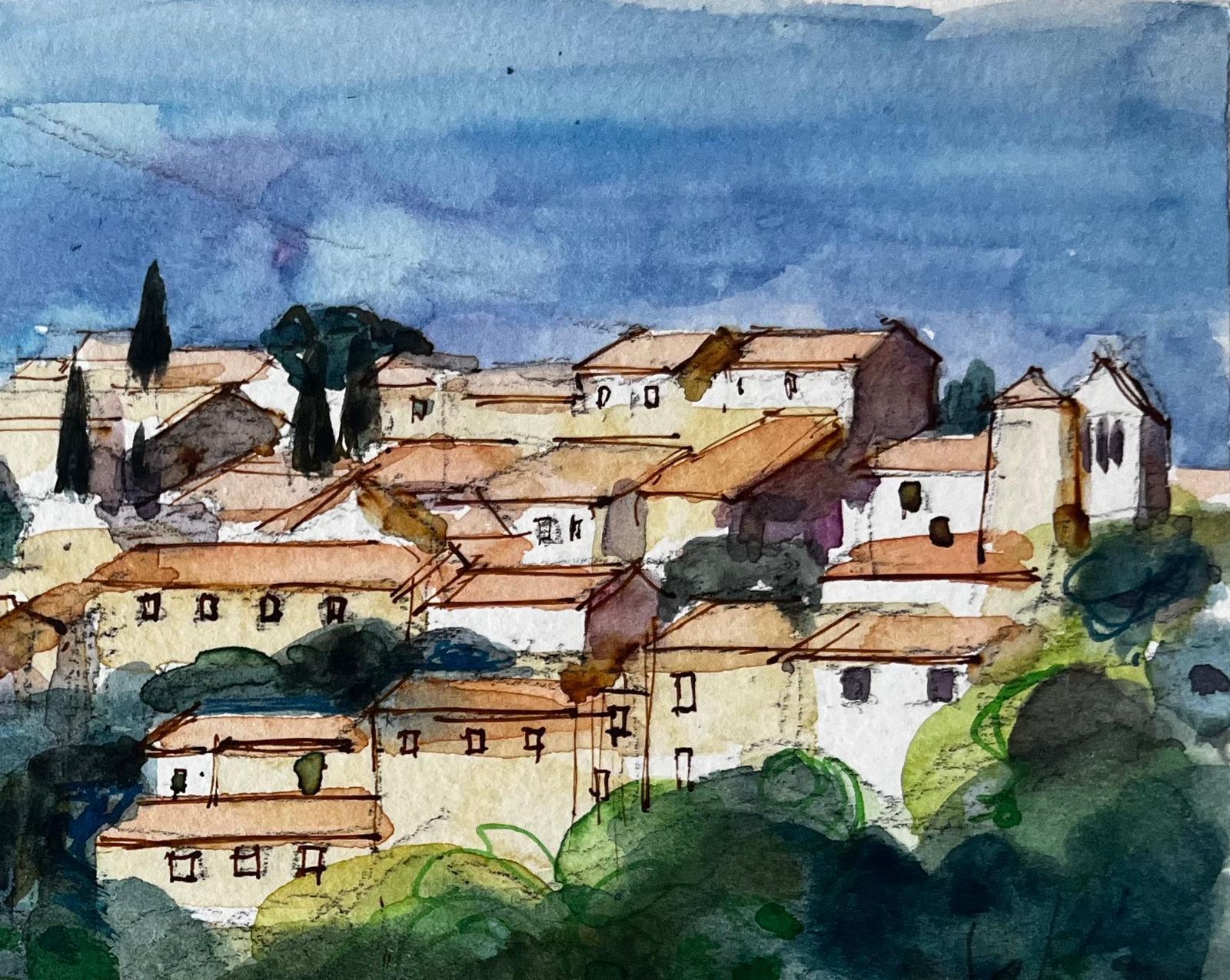 Pierre Neveuhilltop Village Trees Sunlit Houses And Mediterranean Landscape Watercolor photo for sale