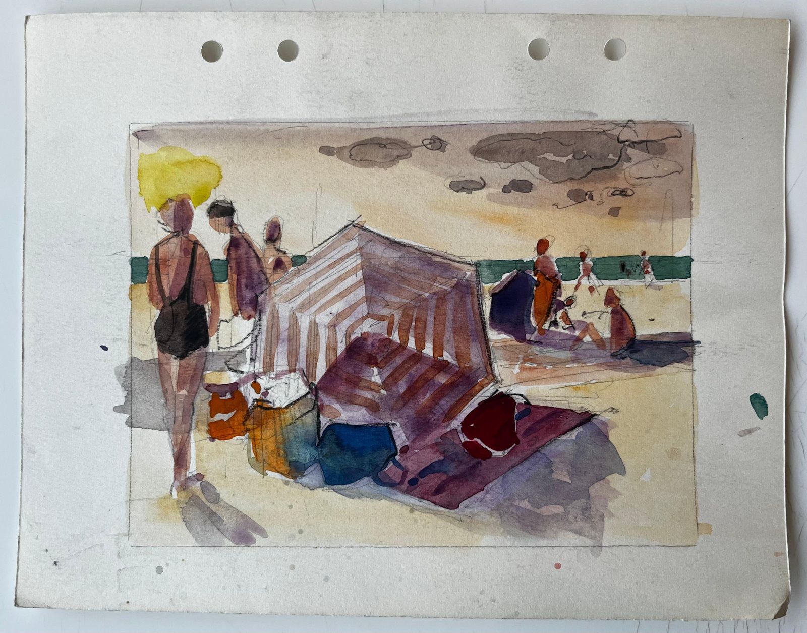 Pierre Neveubeach Scene Bathers Striped Tent Sunlit Shore And Figures Watercolor photo furniture