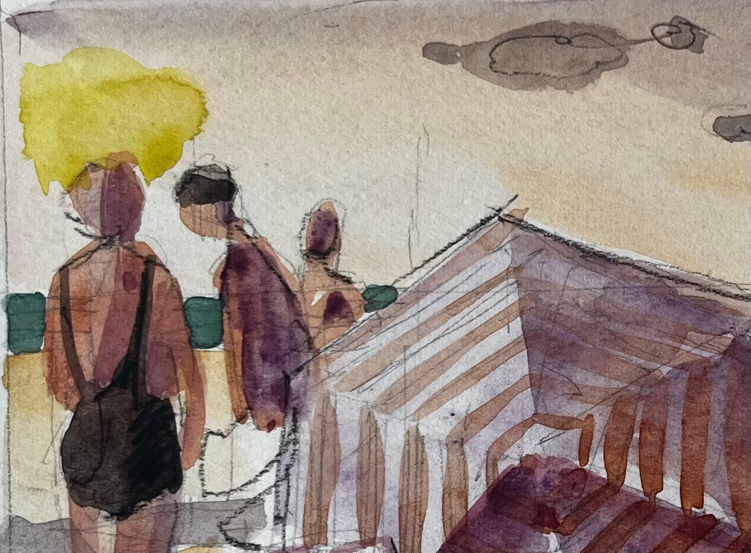 Pierre Neveubeach Scene Bathers Striped Tent Sunlit Shore And Figures Watercolor photo for sale