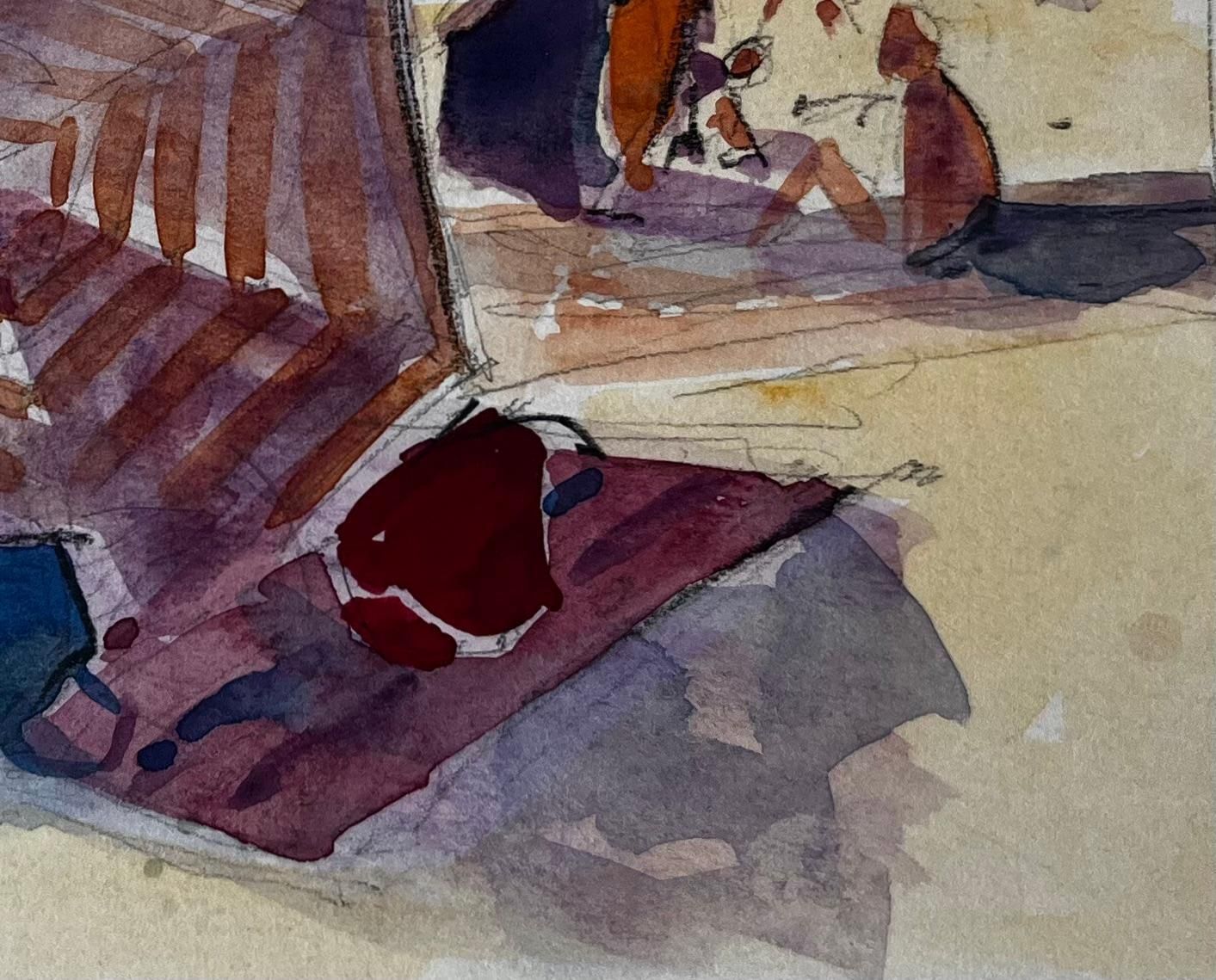 Pierre Neveubeach Scene Bathers Striped Tent Sunlit Shore And Figures Watercolor photo vinterior