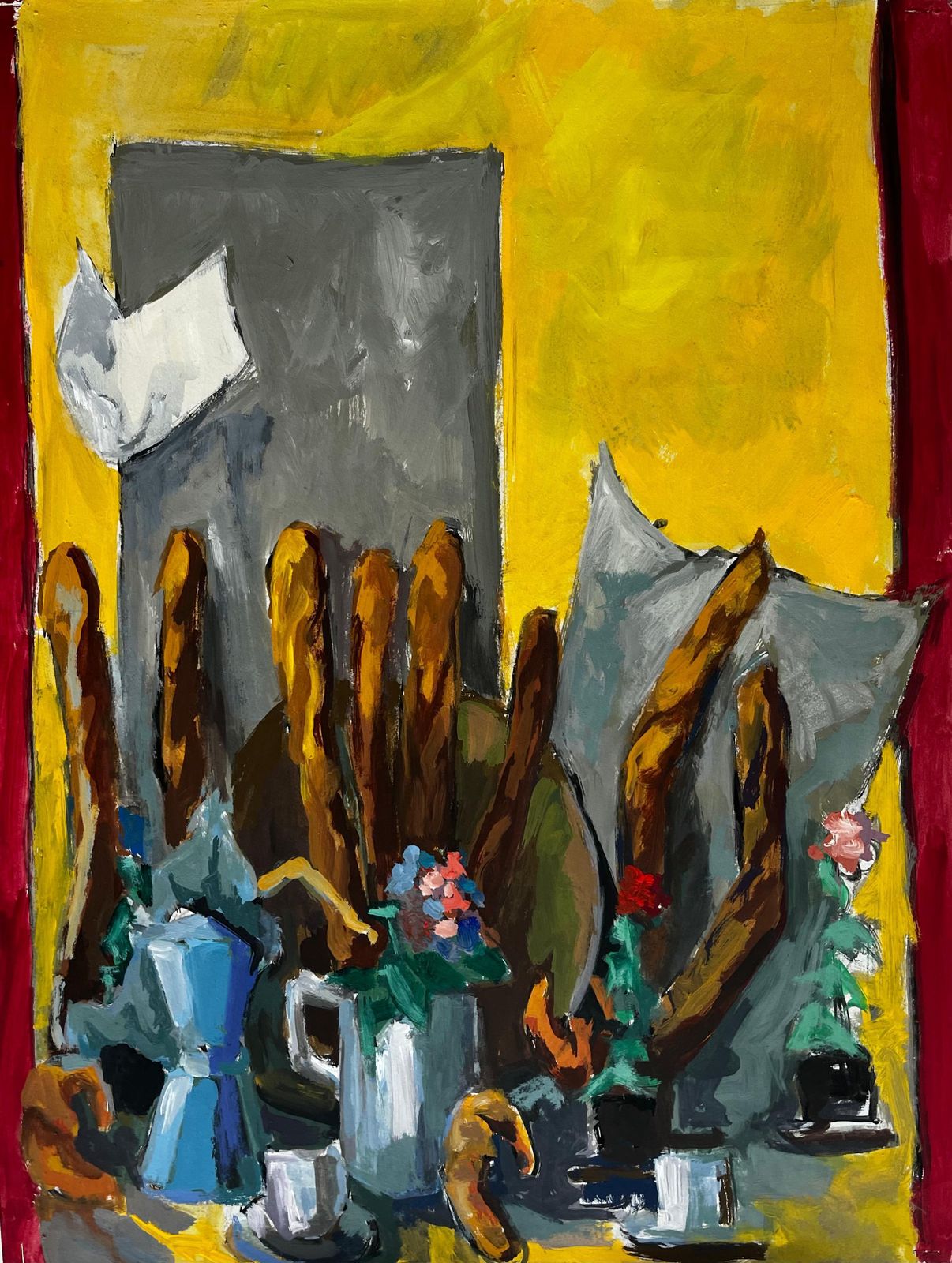 Guy Nicod French Modernist Breakfast Still Life With Baguettes Coffee Pot Flowers And Cups
