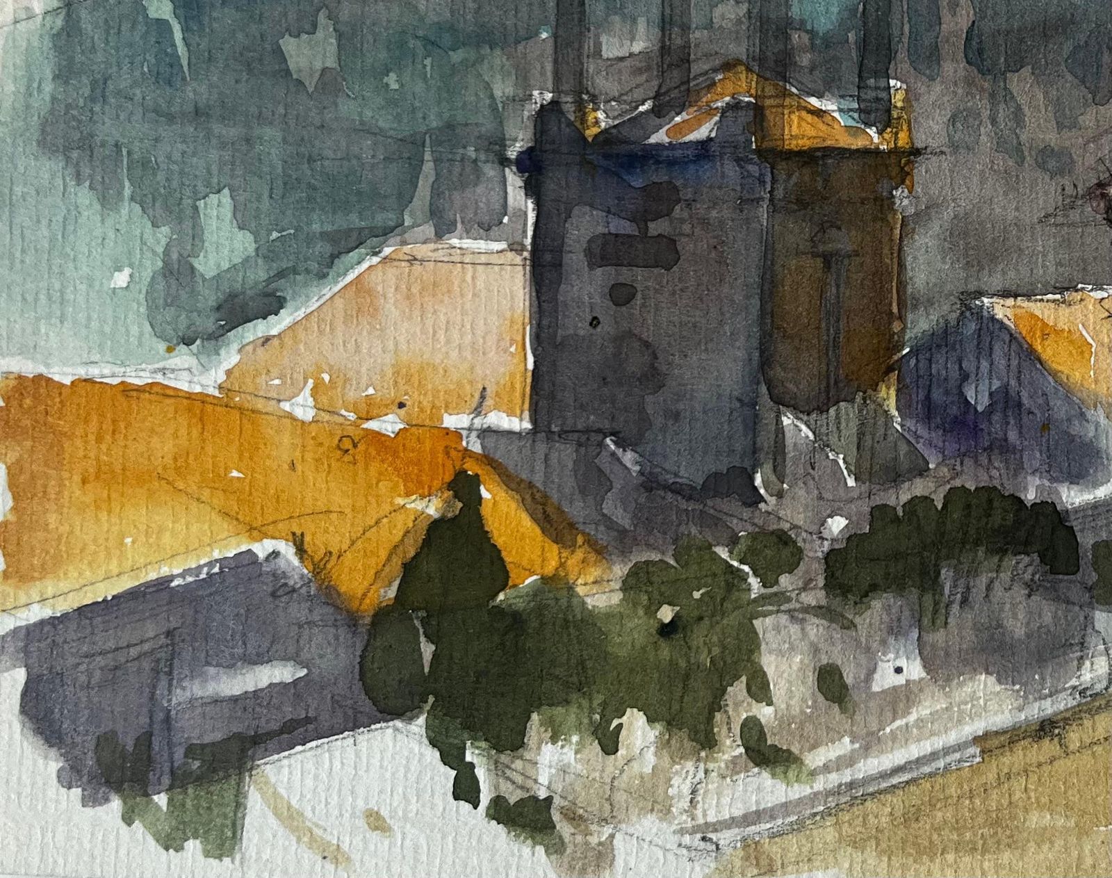 Pierre Neveufrench Hilltop Buildings Orange Roofs Mountain View Evening Light Watercolor photo vinterior