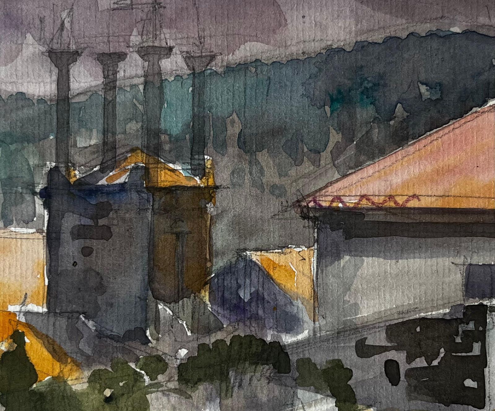 Pierre Neveufrench Hilltop Buildings Orange Roofs Mountain View Evening Light Watercolor photo buy