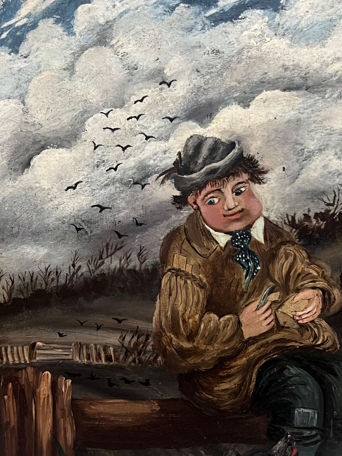 English School (19th Century)19th Century English Naive Folk Art Portrait Farm Boy & Dog Having Picnic Lunch photo Art