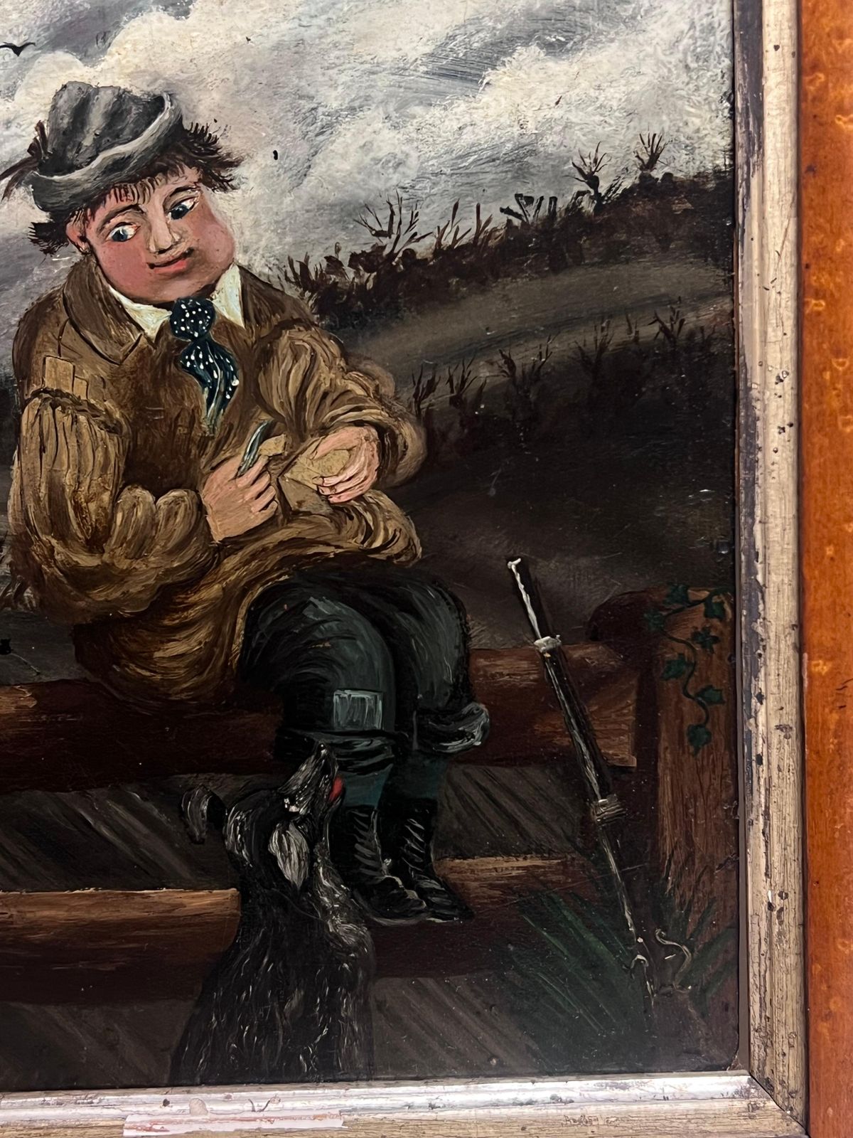 English School (19th Century)19th Century English Naive Folk Art Portrait Farm Boy & Dog Having Picnic Lunch photo vinterior