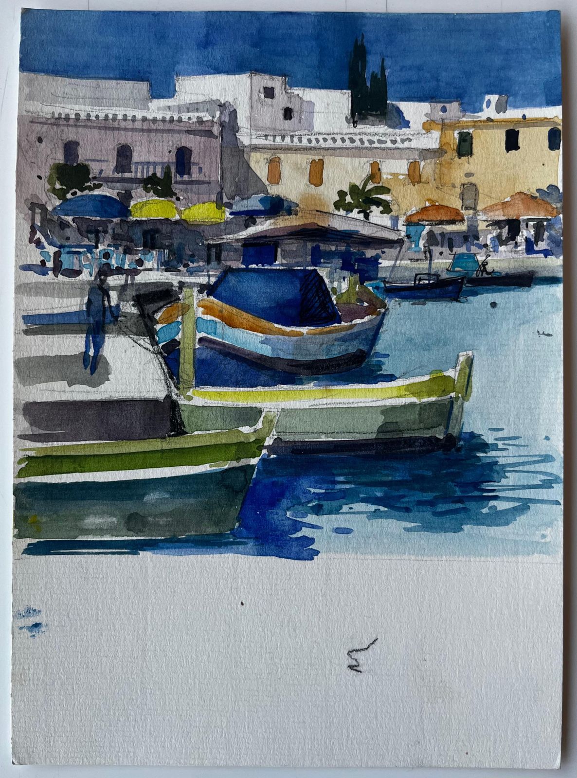 Pierre Neveumediterranean Fishing Boats Coastal Harbour Scene Watercolour By Pierre Neveu photo furniture