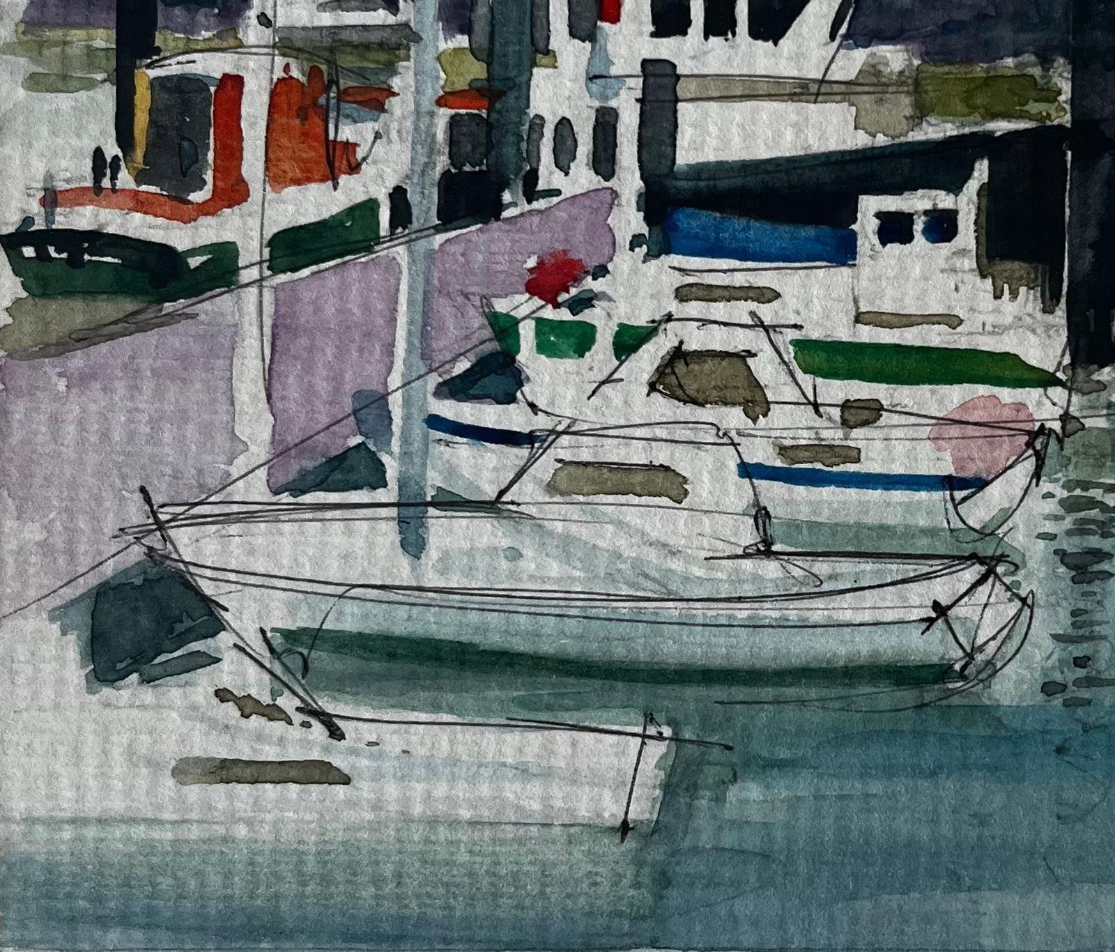 Pierre Neveuharbour Boats Quayside Reflections Dieppe Watercolour photo vinterior