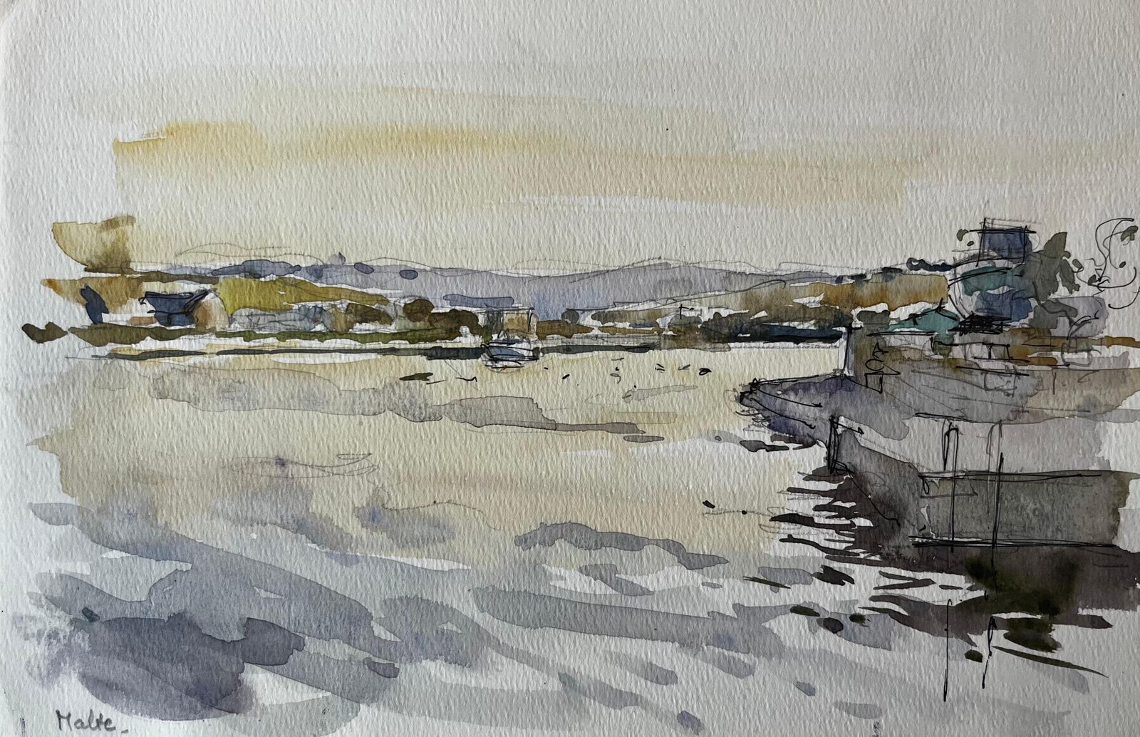 Pierre Neveumalta Harbour Landscape Boats Reflections Soft Sunset Watercolour Study
