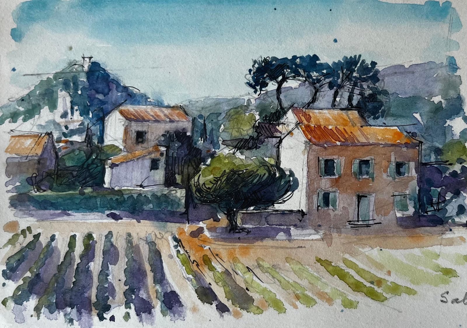Pierre Neveusablet Provence Vineyard Farmhouses Trees Hills French Landscape Watercolour