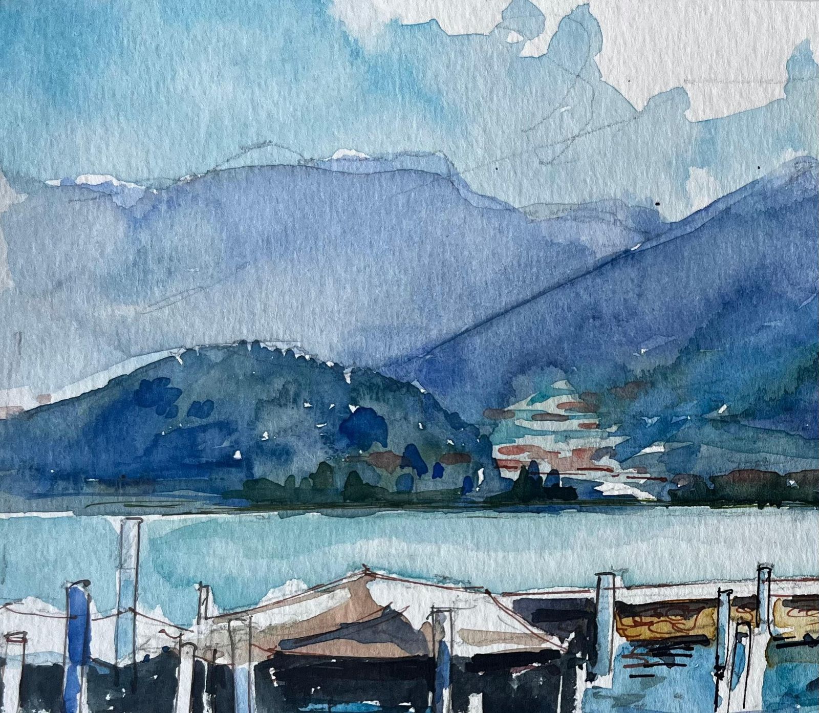 Pierre Neveuitalian Lakeside Harbour Boats Mountains And Villa Watercolor photo vinterior