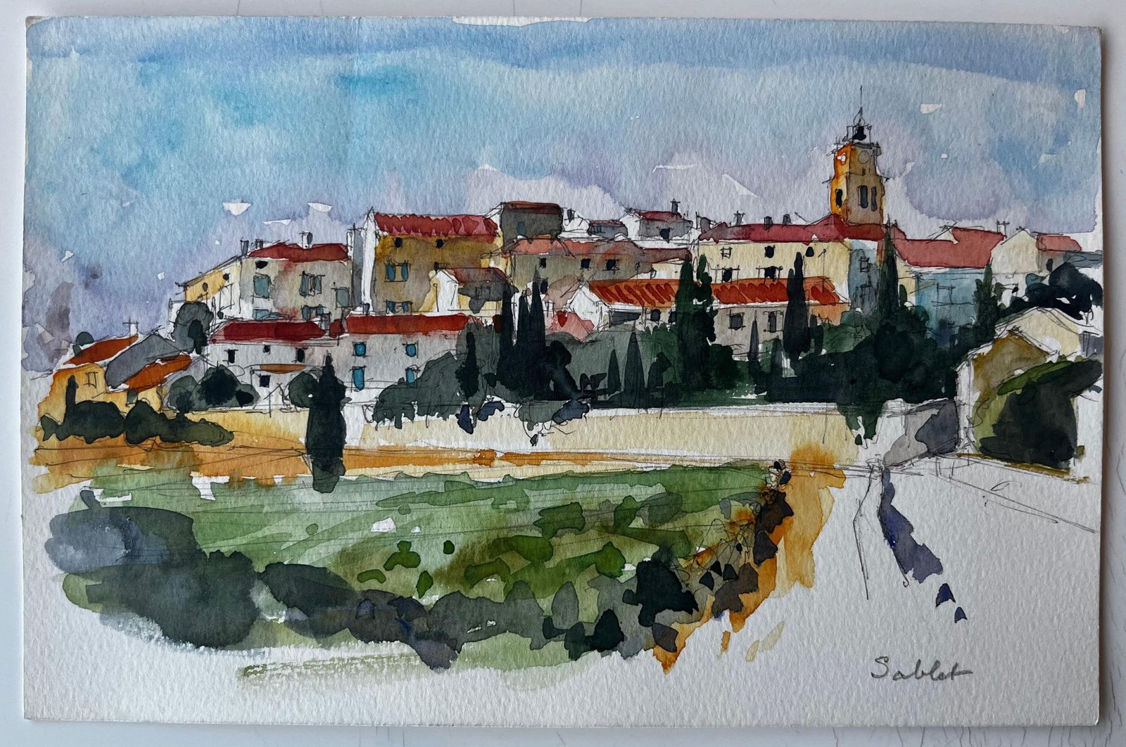 Pierre Neveuprovence Village Landscape Sablet Hillside View Watercolour By Pierre Neveu photo furniture