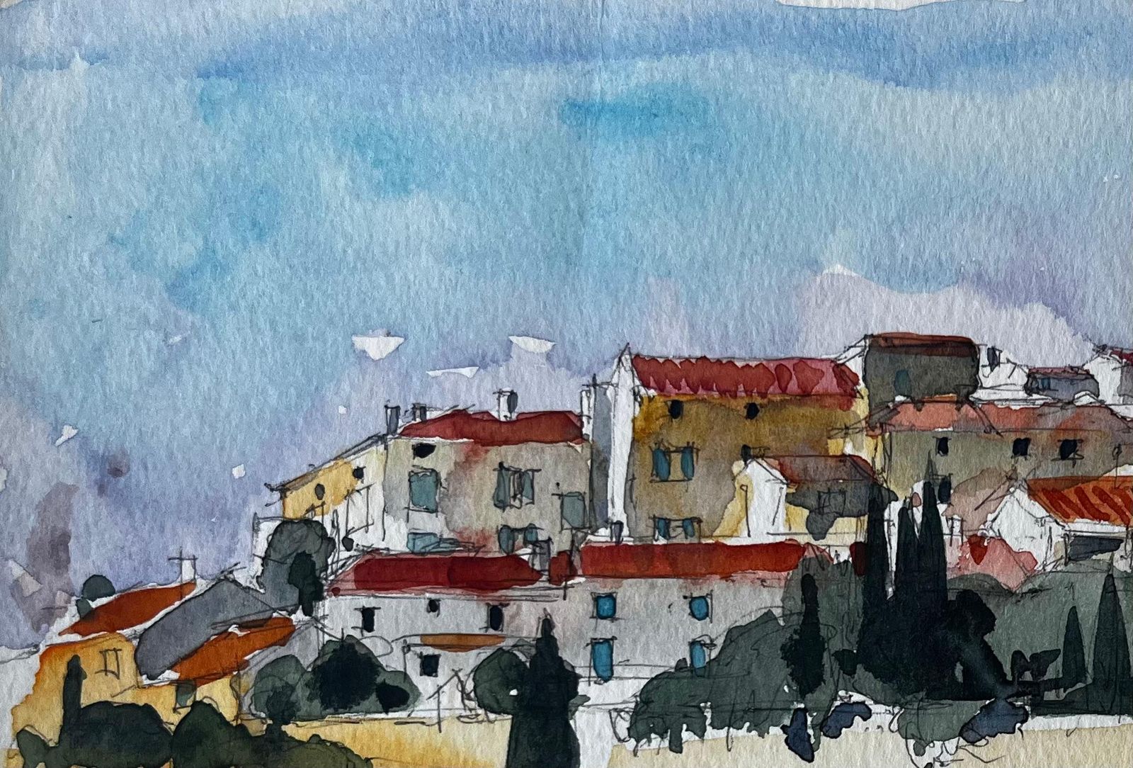 Pierre Neveuprovence Village Landscape Sablet Hillside View Watercolour By Pierre Neveu photo for sale