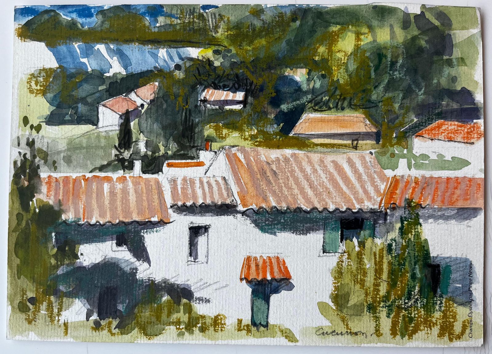 Pierre Neveucucuron Provence Rooftops Terracotta Tiles Village Houses Trees Landscape photo furniture