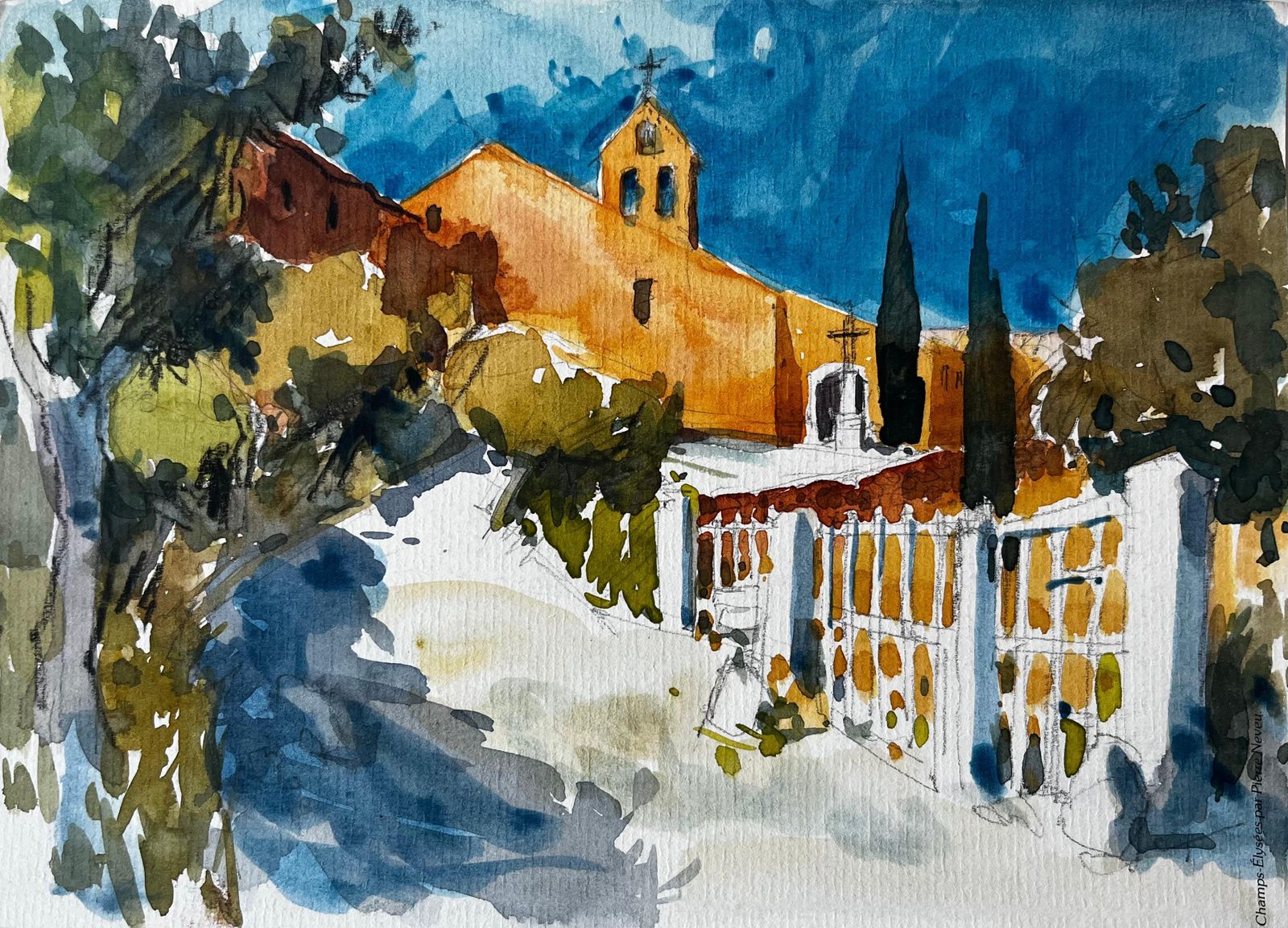 Pierre Neveuprovence Chapel Sunlit Church Pathway Cypress Trees French Landscape Watercolor