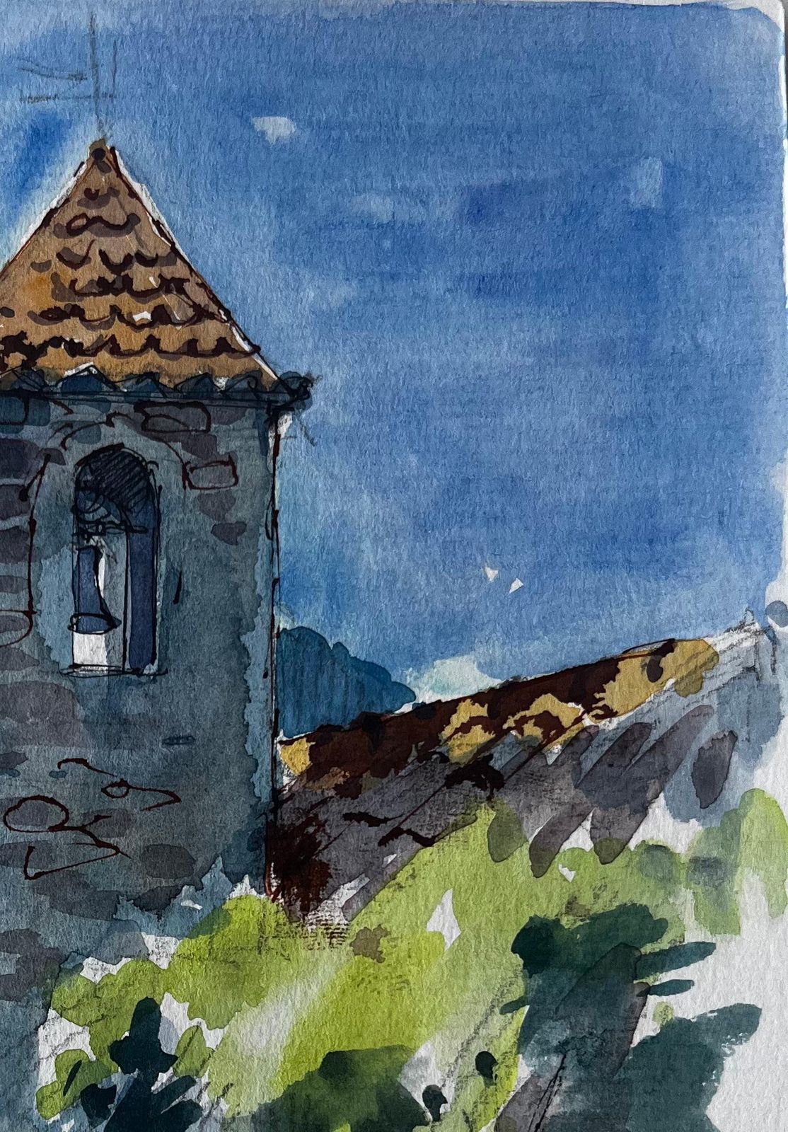 Pierre Neveustone Church Tower And Village Houses Provence Watercolor photo Art