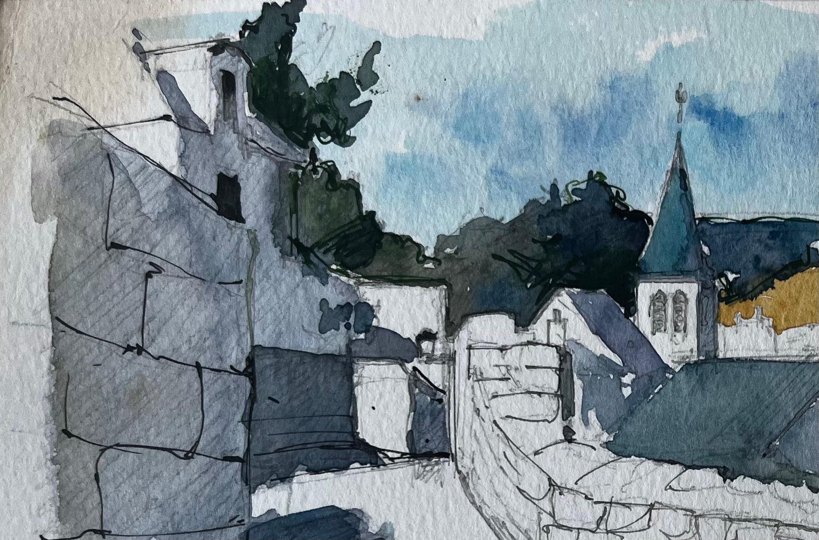 Pierre Neveumortemart Village Stone Walls Church Tower And Summer Sky Watercolour Study photo for sale