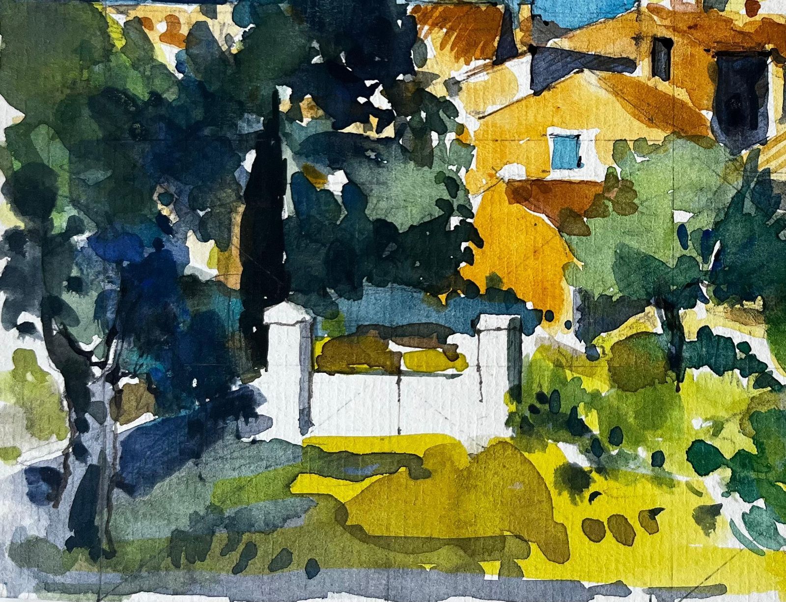 Pierre Neveurudinal Provence Village Yellow Houses Cypress Trees French Landscape Watercolor photo vinterior