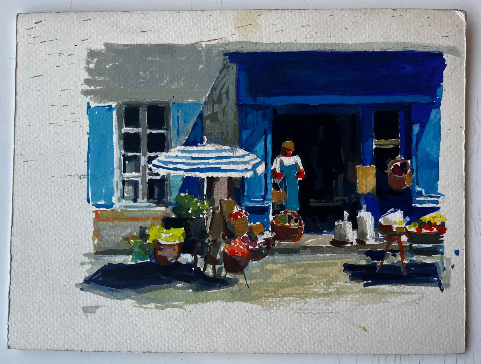 Pierre Neveublue Shopfront With Market Baskets Summer Street Scene Watercolour photo furniture