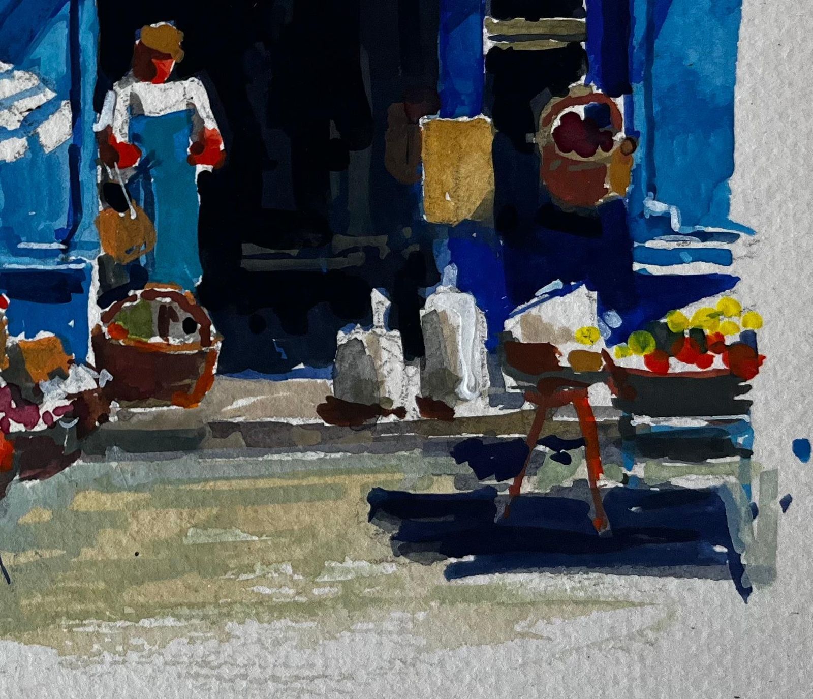 Pierre Neveublue Shopfront With Market Baskets Summer Street Scene Watercolour photo Art