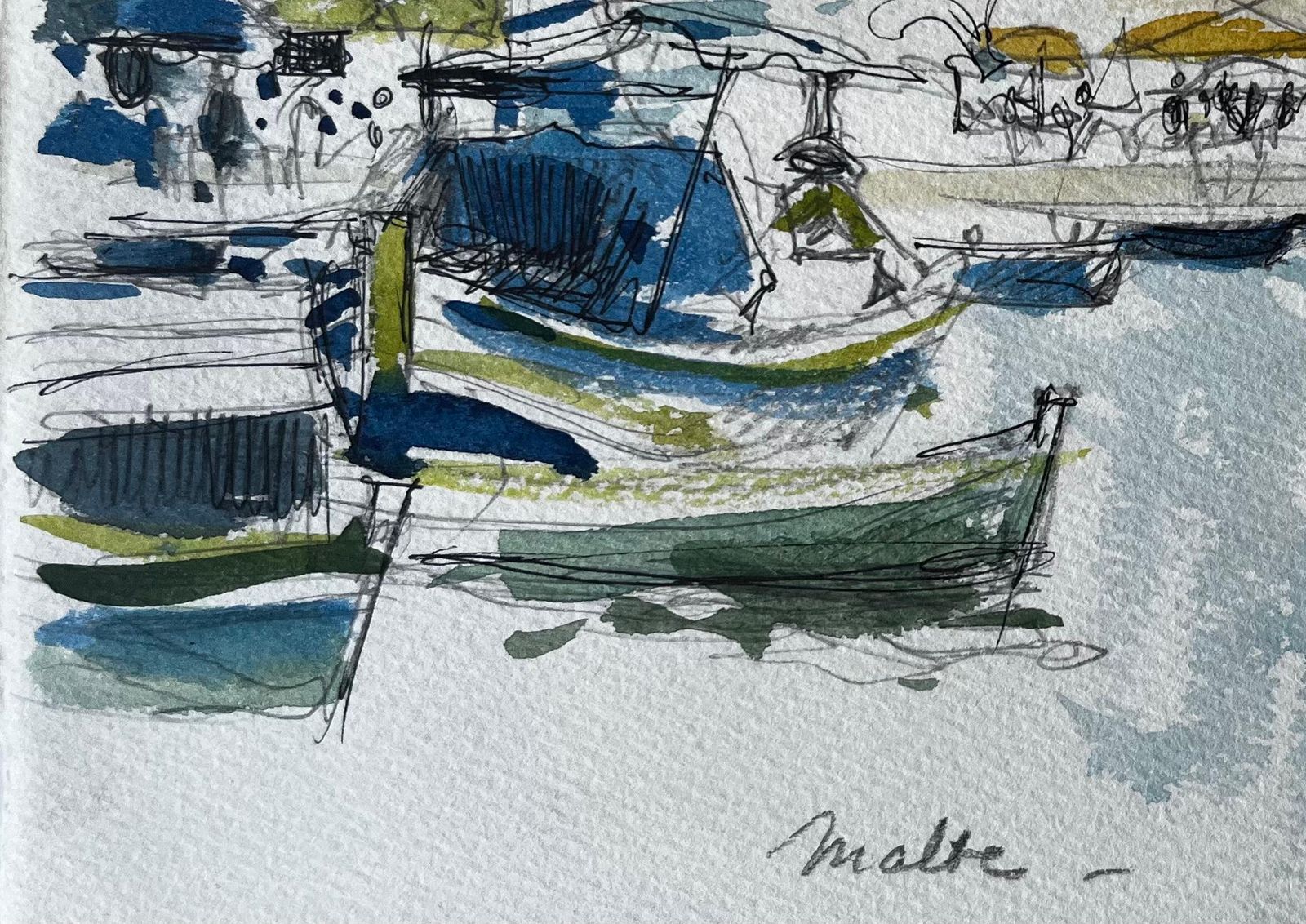 Pierre Neveumalta Harbour Boats Waterfront Scene Watercolour Sketch By Pierre Neveu photo vinterior