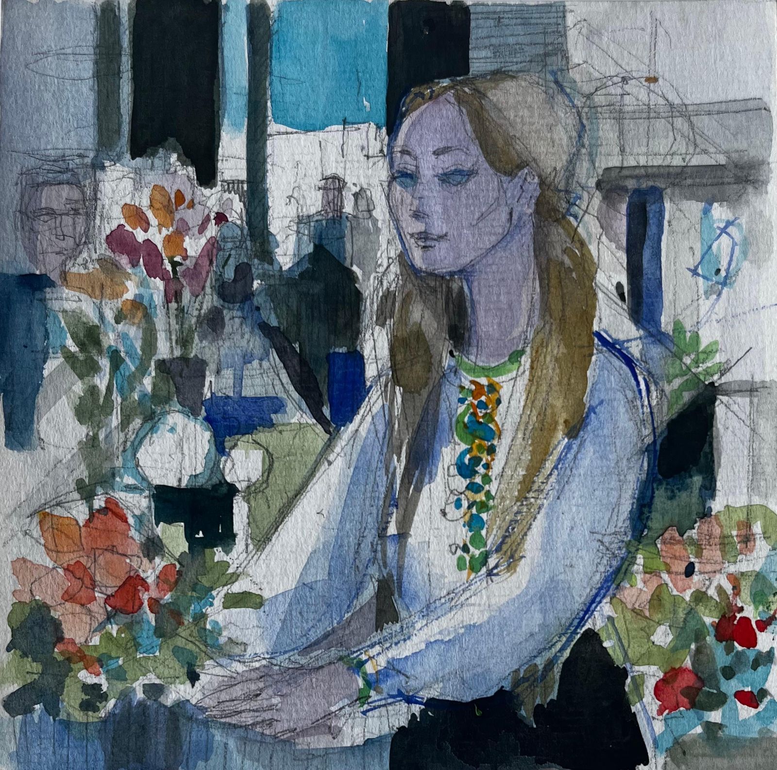 Pierre Neveuseated Woman With Flowers Interior Scene Figurative Watercolour By Pierre Neveu