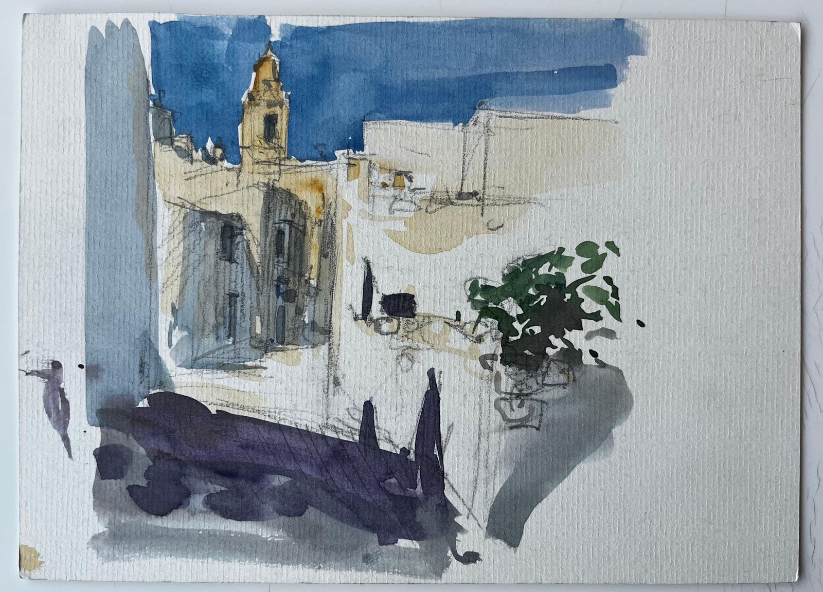 Pierre Neveumediterranean Sunlit Street Church Tower White Buildings Plant Pot Watercolour photo furniture