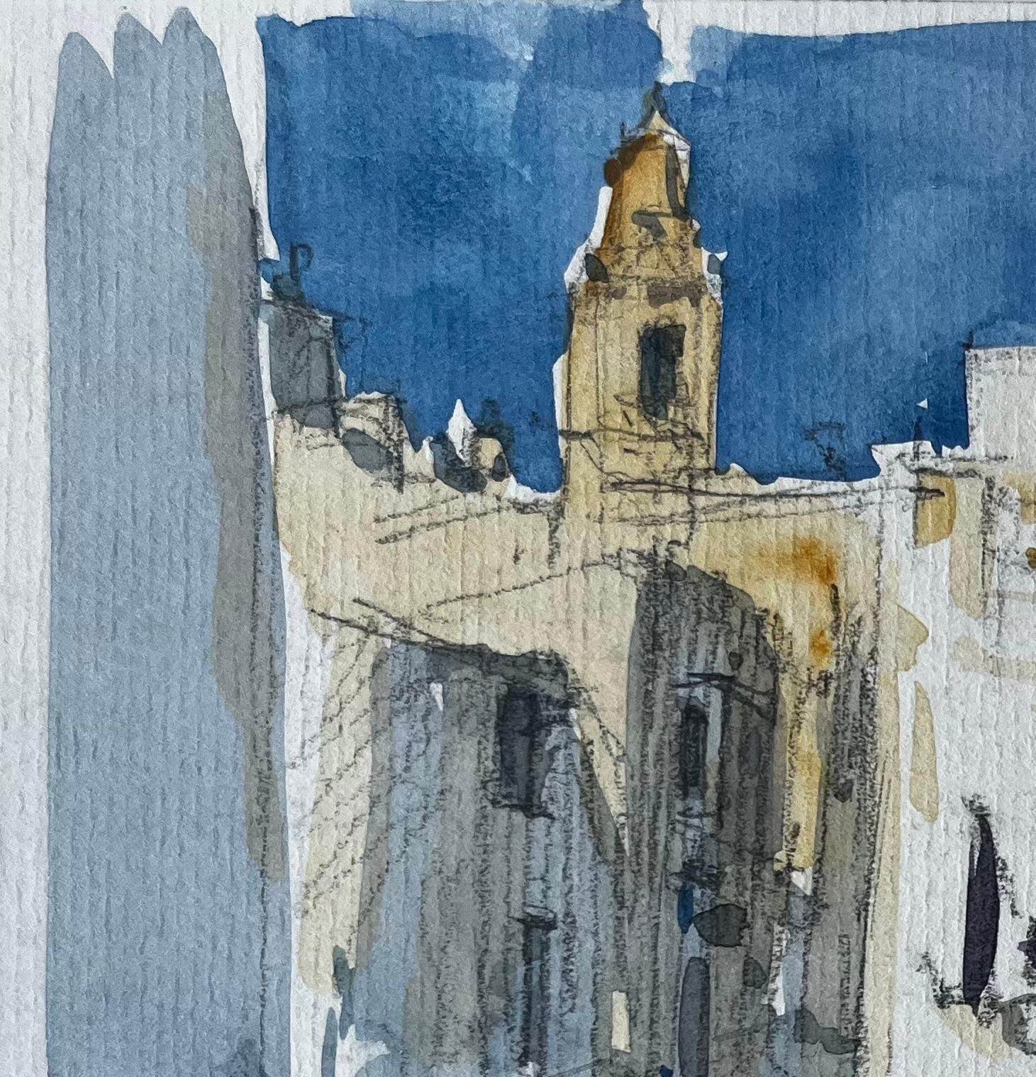 Pierre Neveumediterranean Sunlit Street Church Tower White Buildings Plant Pot Watercolour photo for sale