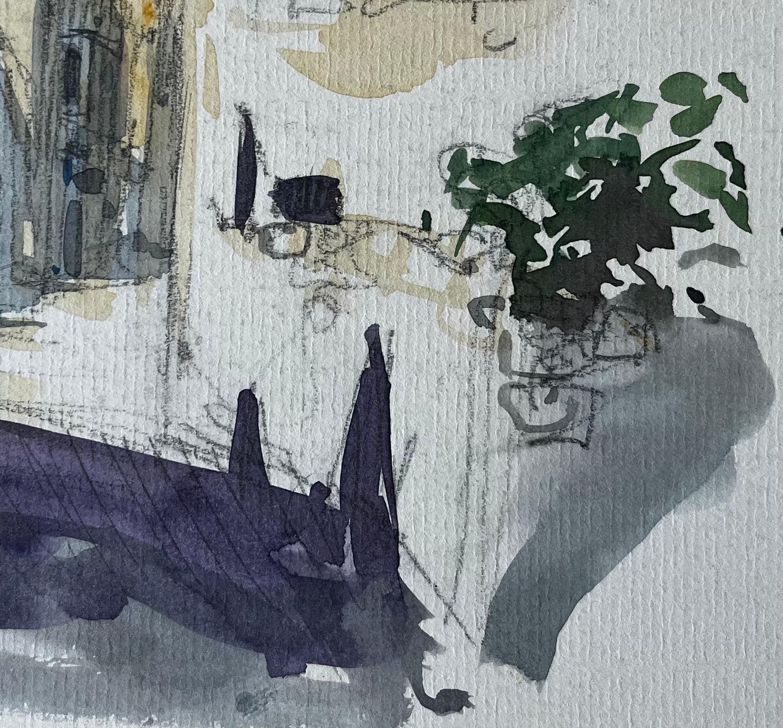 Pierre Neveumediterranean Sunlit Street Church Tower White Buildings Plant Pot Watercolour photo 468.0