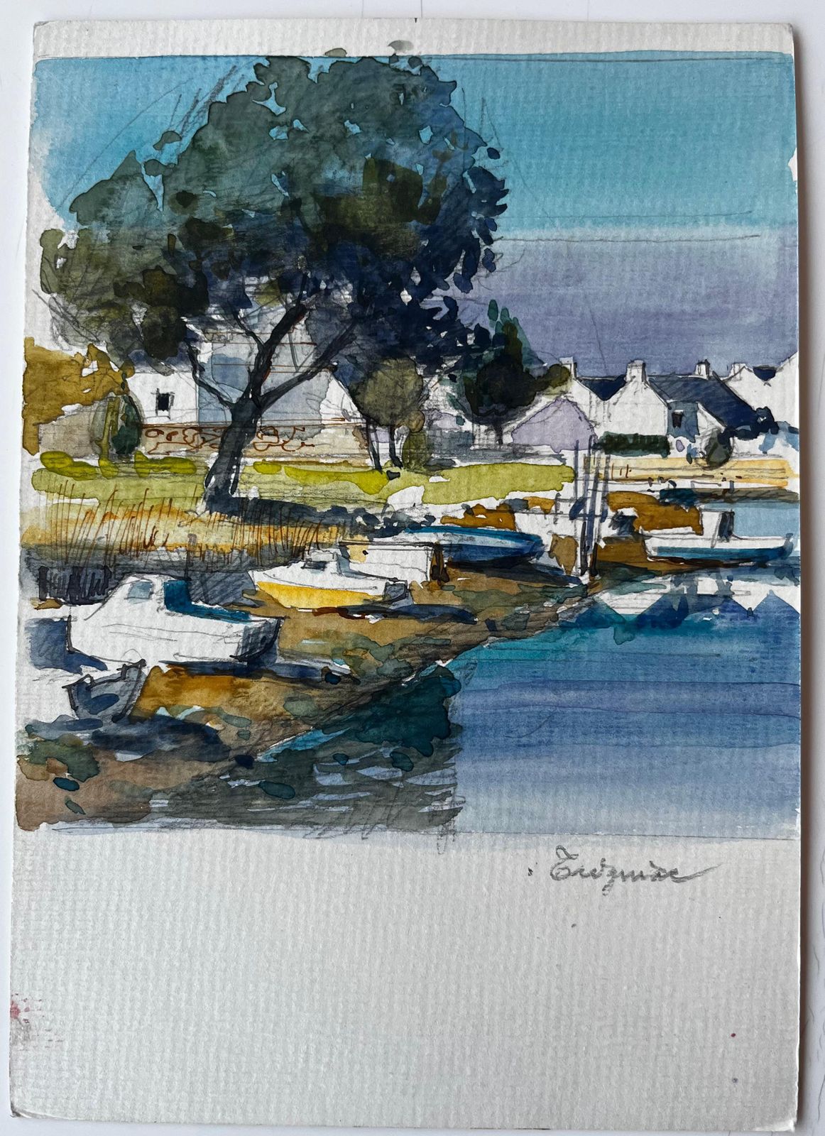 Pierre Neveufrench Harbour Village Boats Tree And White Cottages Watercolour Study photo furniture