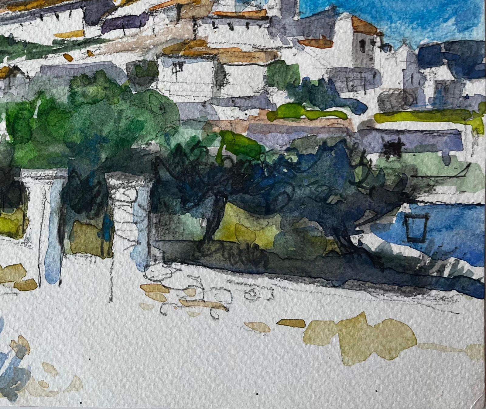 Pierre Neveuhilltop Village White Houses Terracotta Roofs Olive Trees Watercolour Study photo 449.0