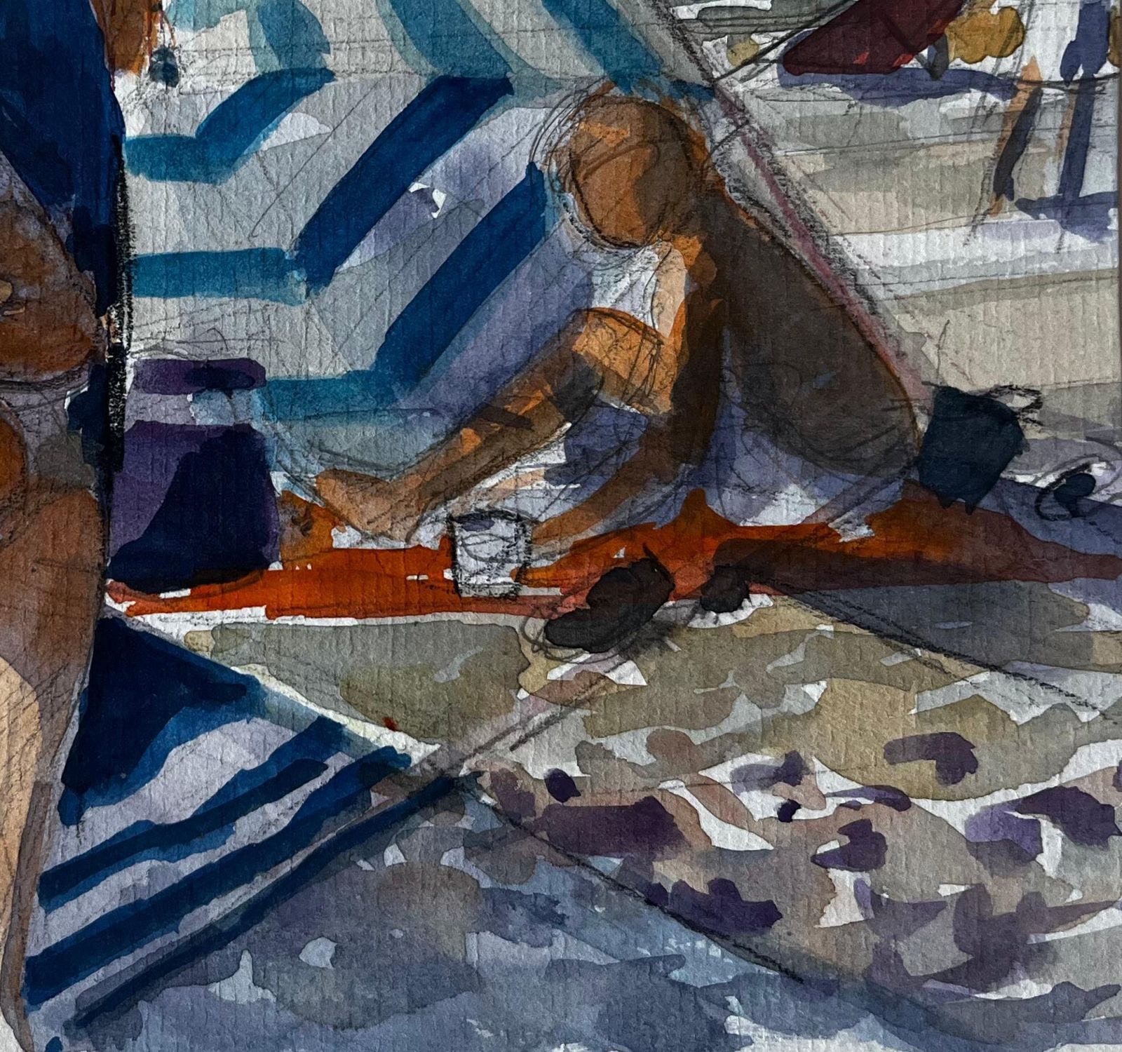 Pierre Neveufamily On Beach With Striped Windbreak Summer Scene Watercolour By Pierre Neveu photo 470.0